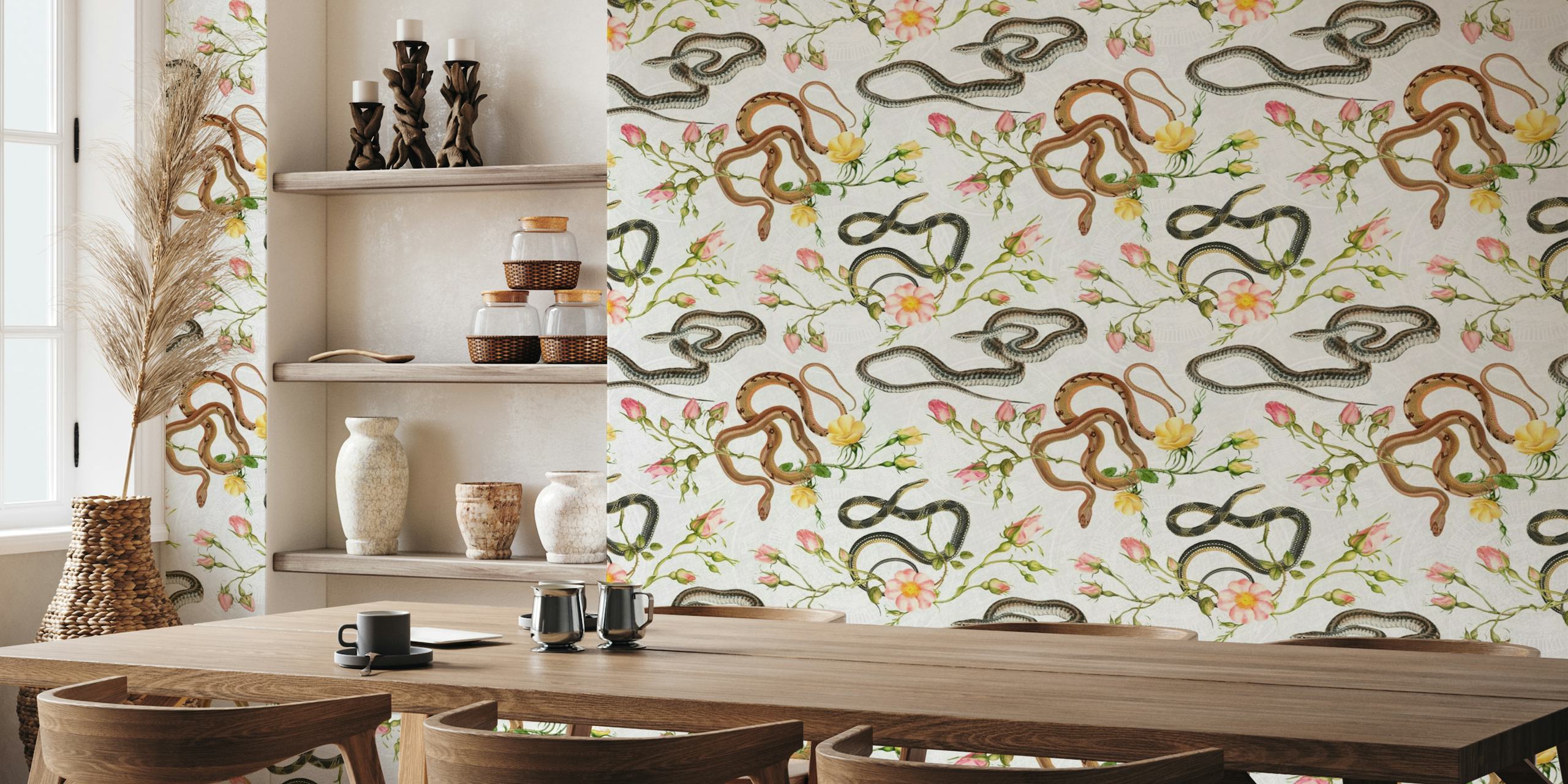 Snakes, roses and chinese calendar in white wallpaper