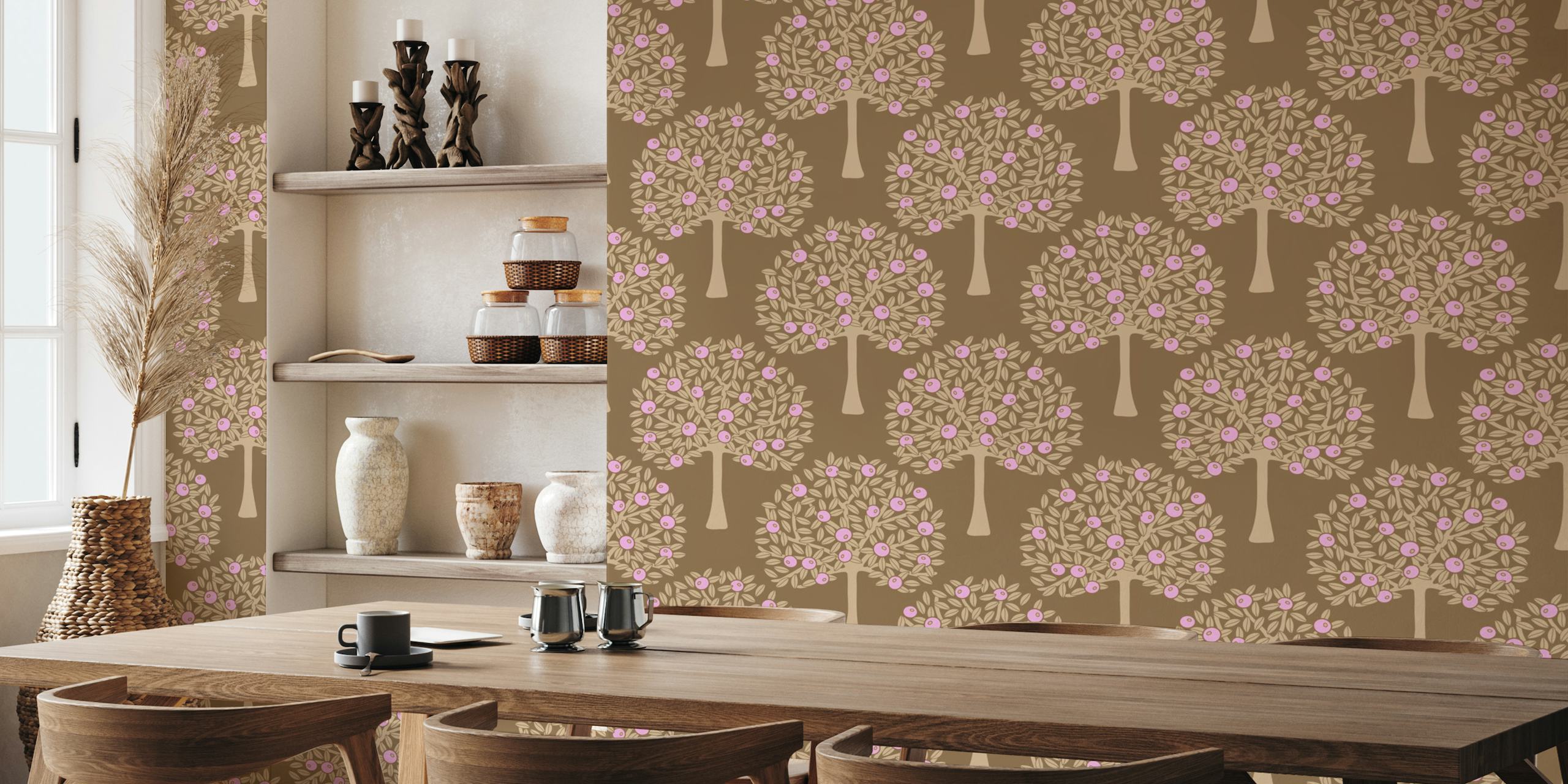 ORANGERIE Citrus Fruit Tree wall mural with pink blossoms on a brown background
