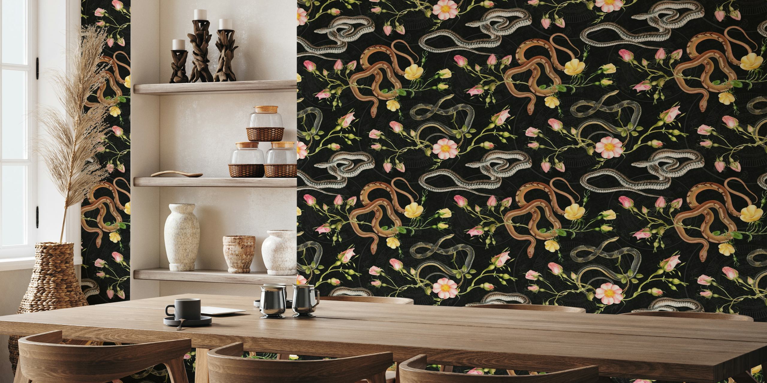 Snakes, roses and chinese calendar in black wallpaper
