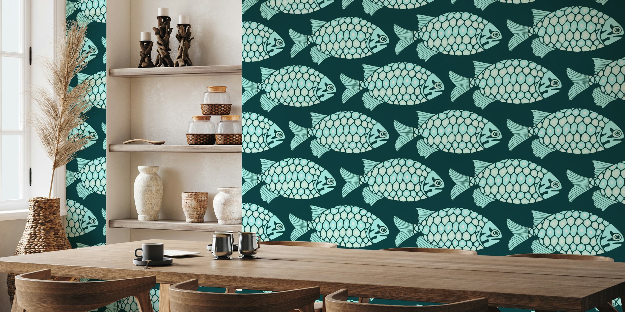 PINECONE FISH Tropcial Sea Creature - Aqua papel pintado