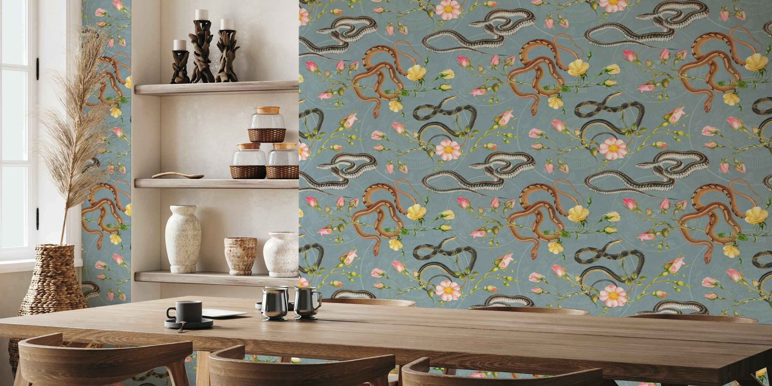 Snakes, roses and chinese calendar in slate wallpaper