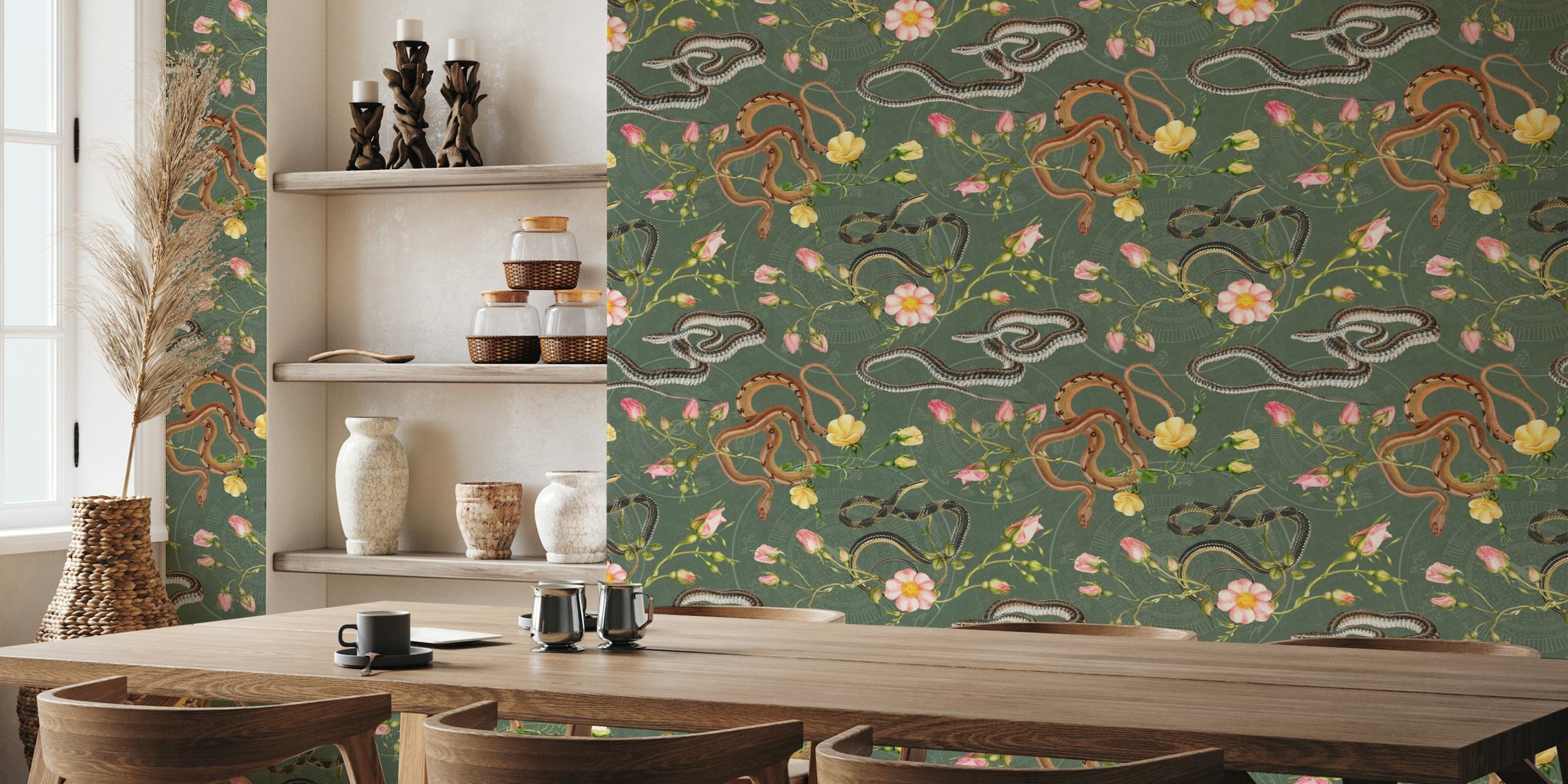 Olive green wall mural featuring snakes, roses, and elements of the Chinese calendar