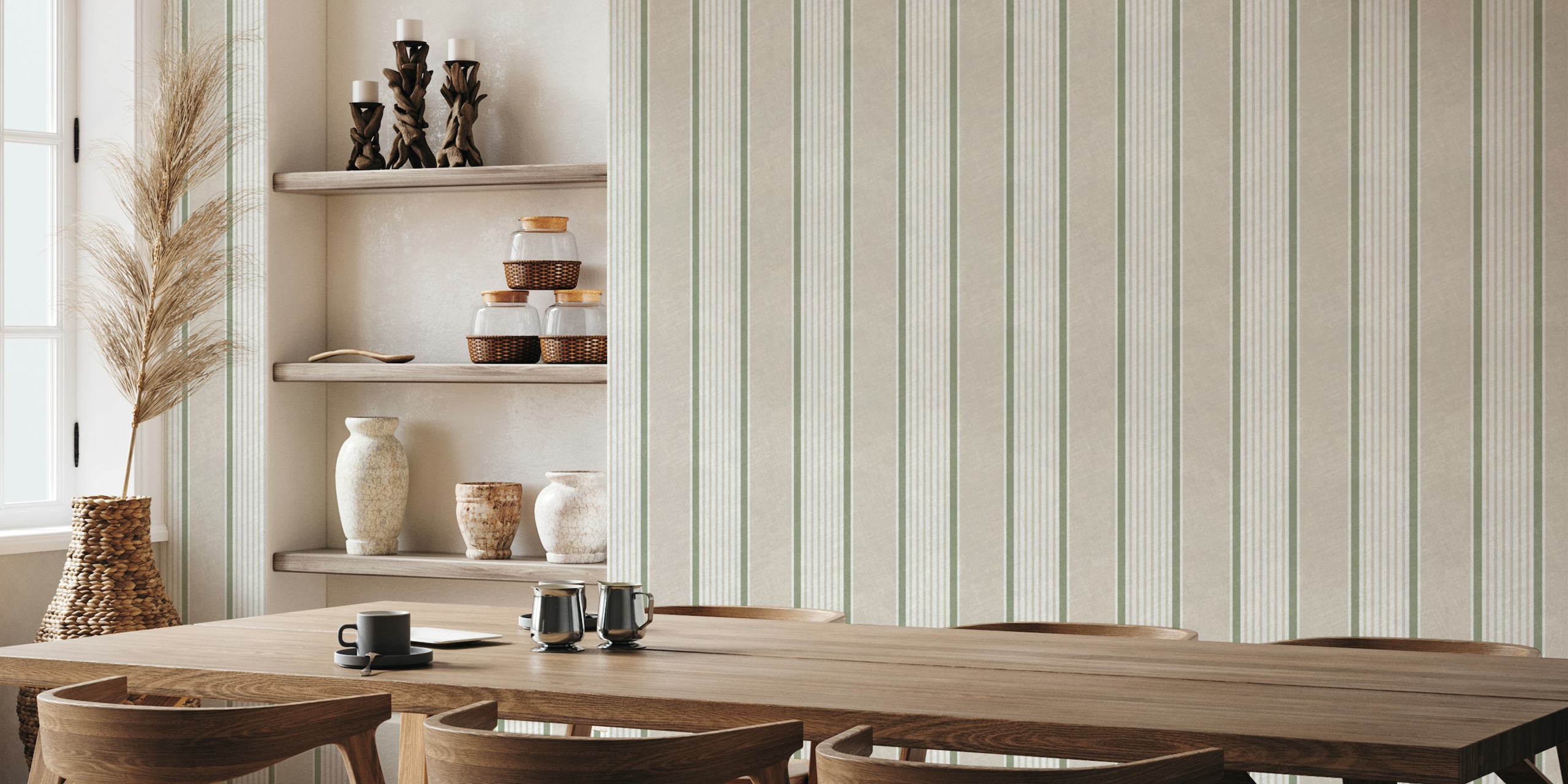 Antique stripes in cream sage green wallpaper