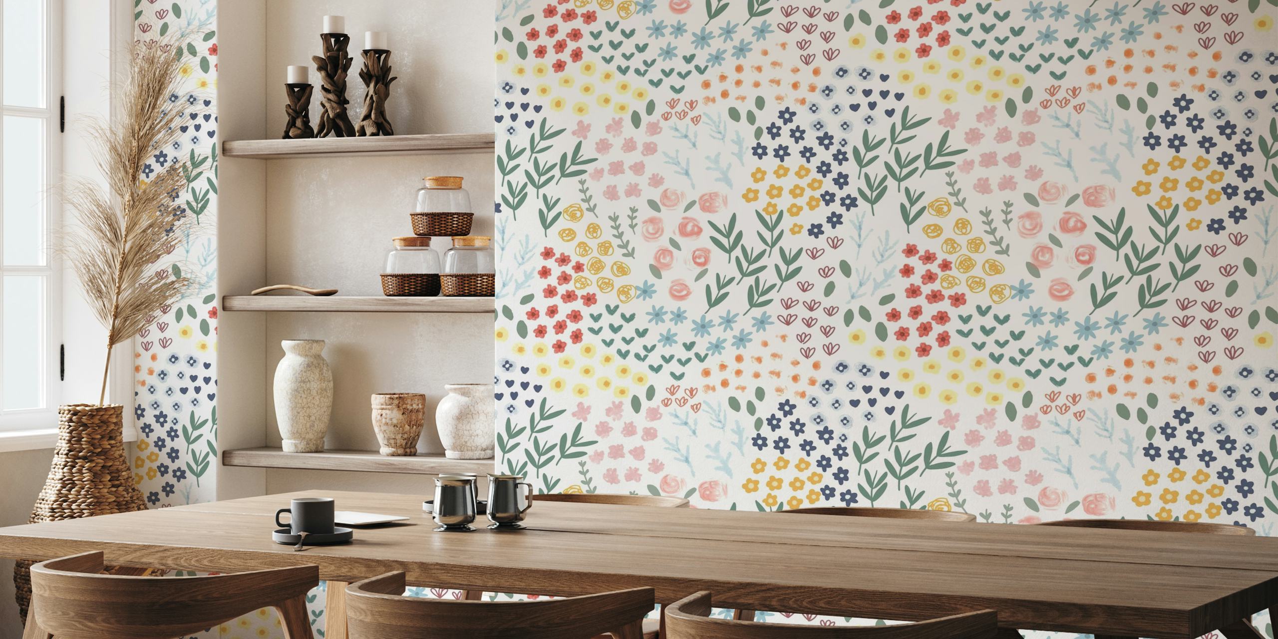 Mural de parede floral patchwork com uma paleta pastel de flores estilizadas e vegetais