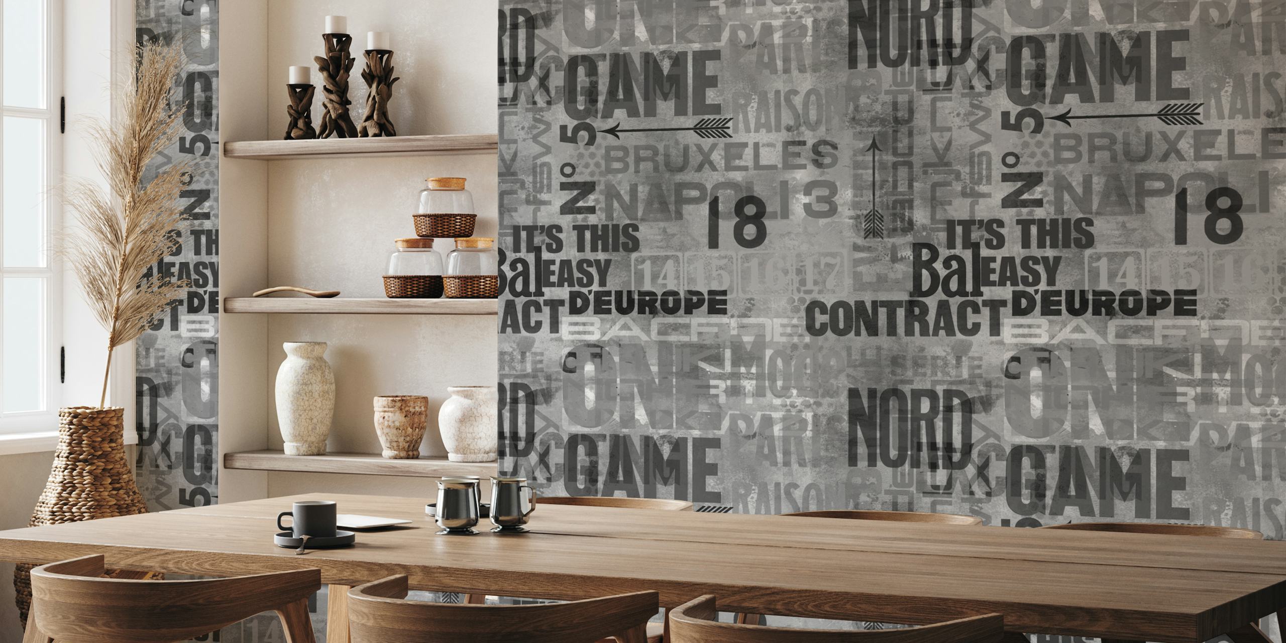 Black and white urban street art typography wall mural with overlapping text and numbers
