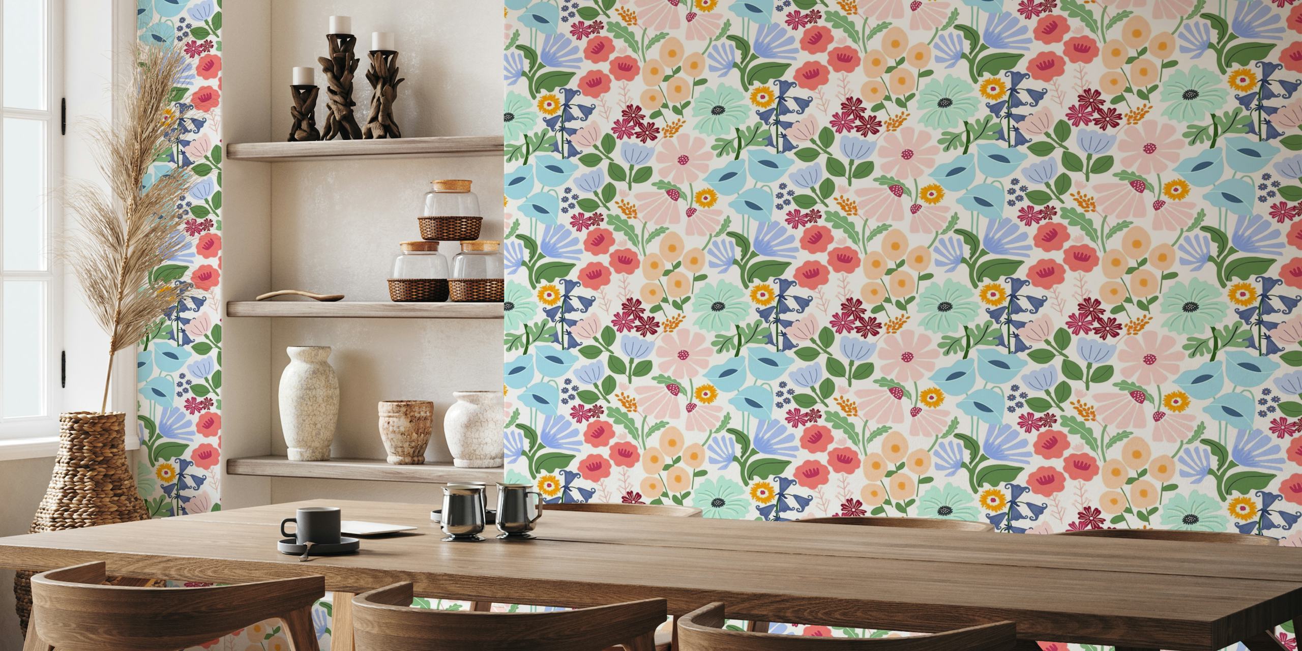 Delicate small-scale wildflowers in soft blues, pinks, and greens on a Meadow Muse wall mural