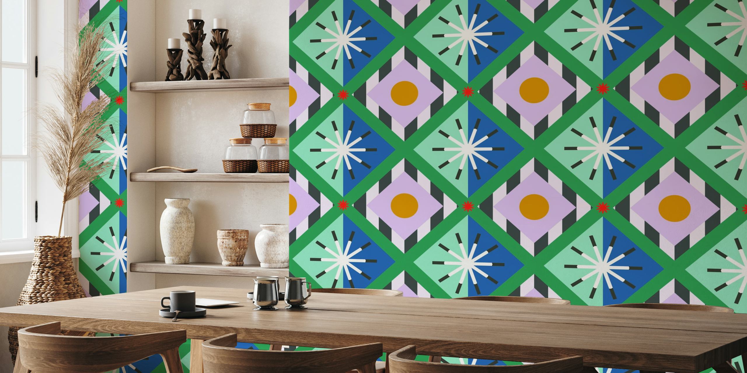 New Memphis style wall mural with bold geometric shapes in pastel colors
