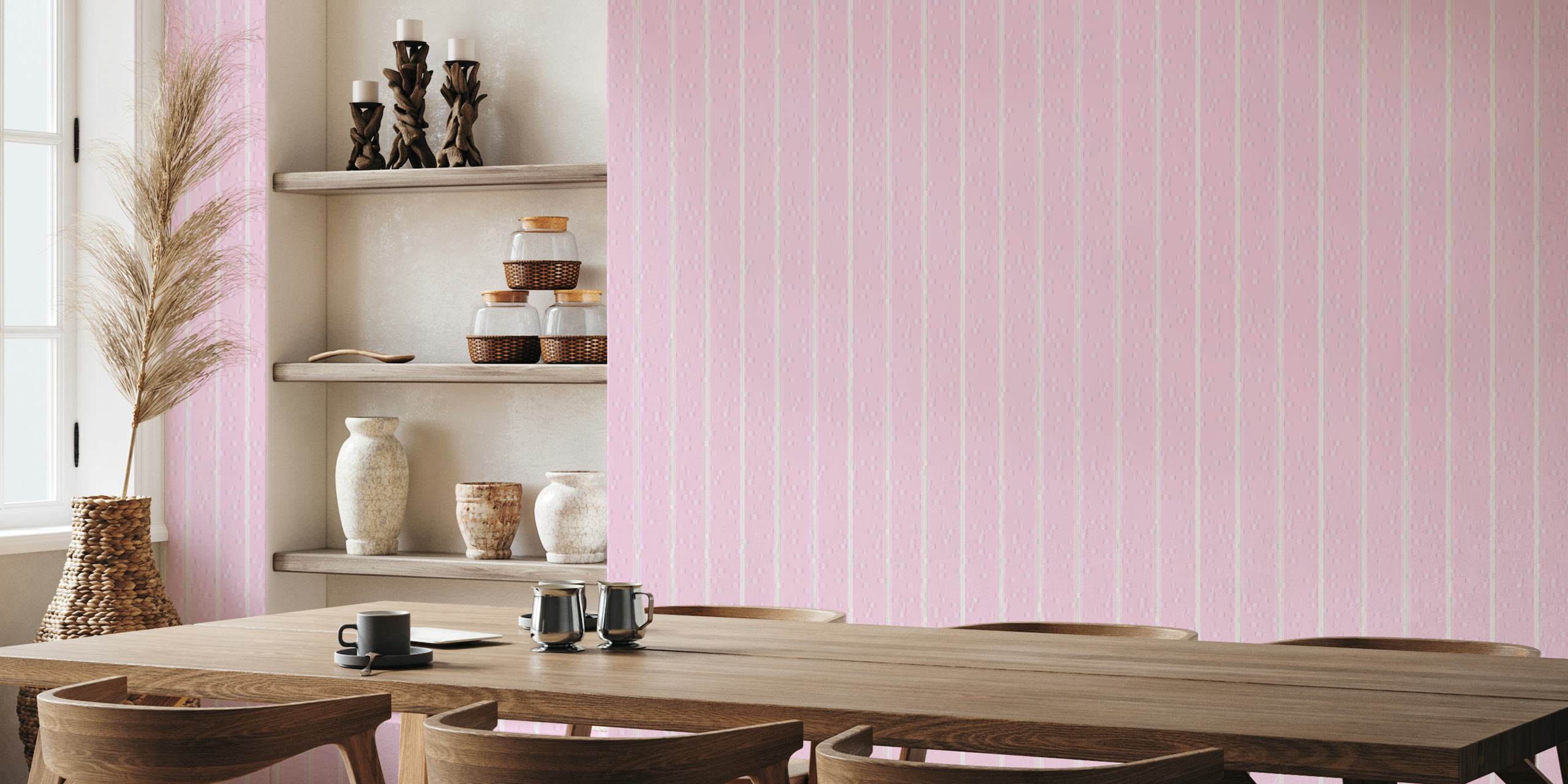 Fotomural rosa suave con telas a rayas verticales para decoración del hogar