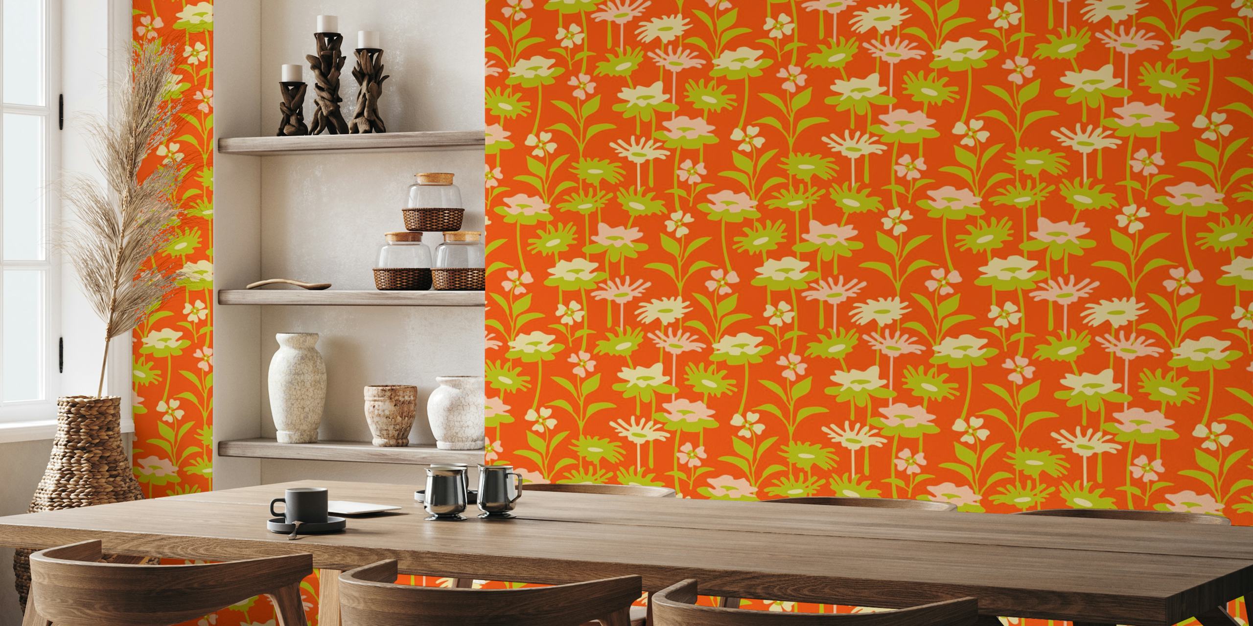 GARDEN MEADOW Retro Floral wall mural with green, orange, and pink flowers on a vibrant orange background
