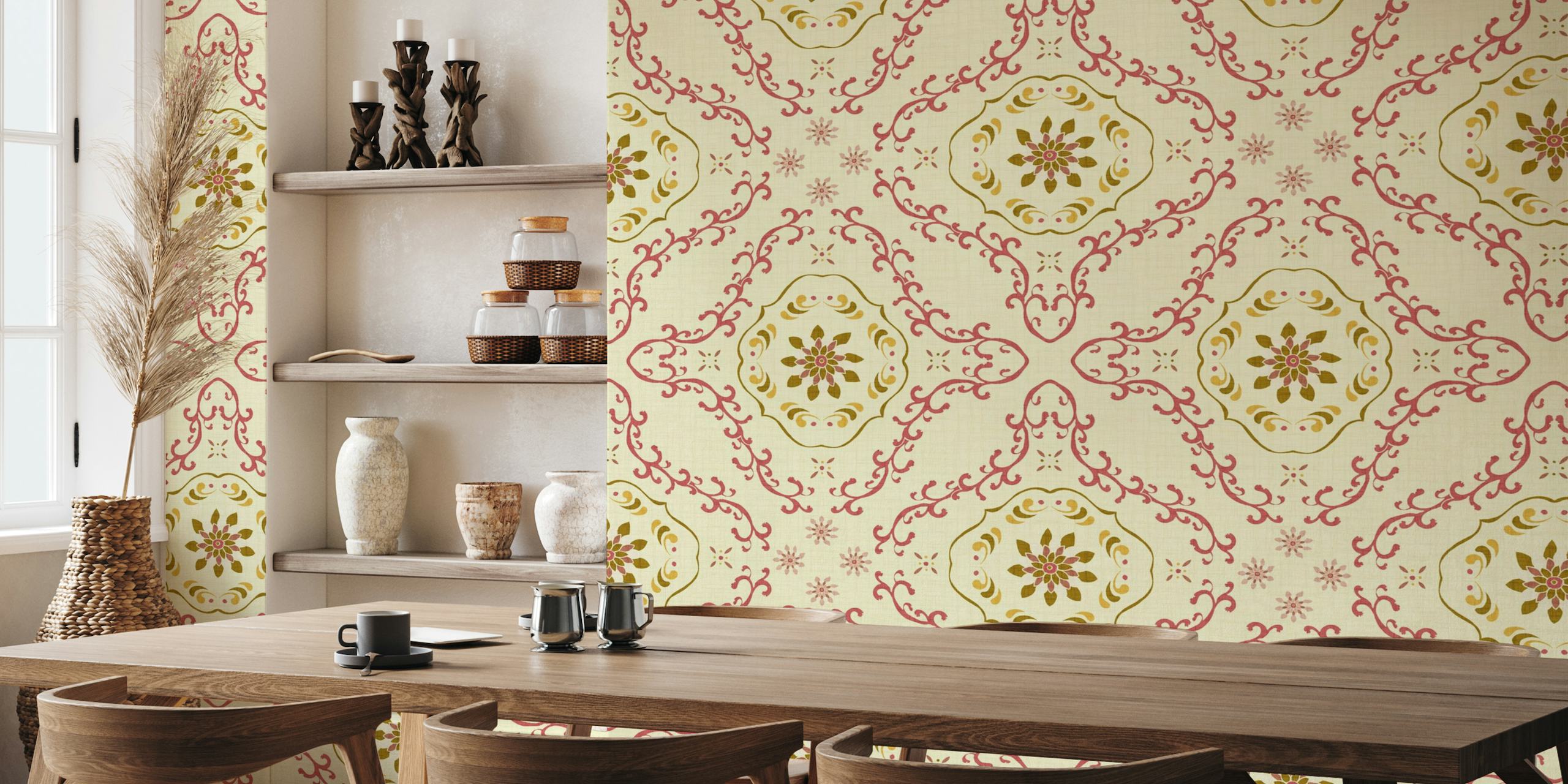 Vintage-inspired wall mural of floral tiles in pink and gold tones with olive accents on a cream background