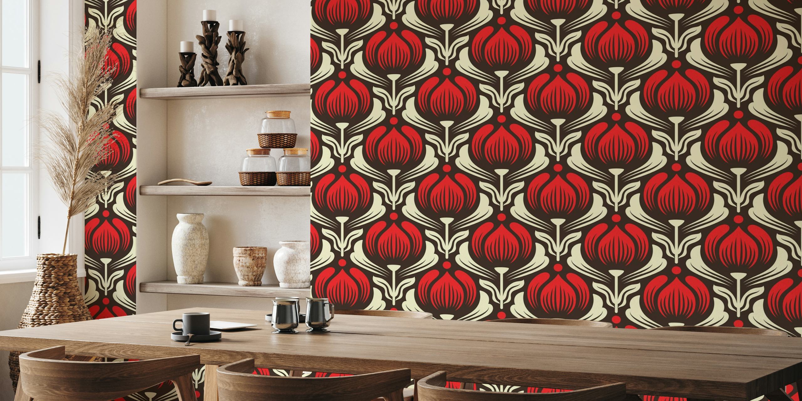 Vintage red flowers on a dark patterned background wall mural