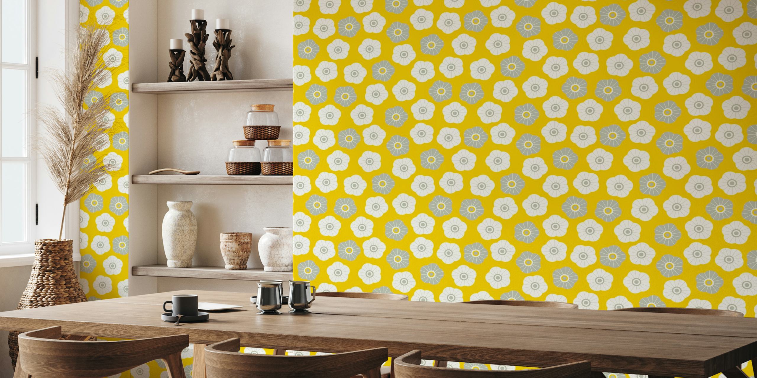 SPRING DAISIES Fresh Floral - Gray on Yellow behang