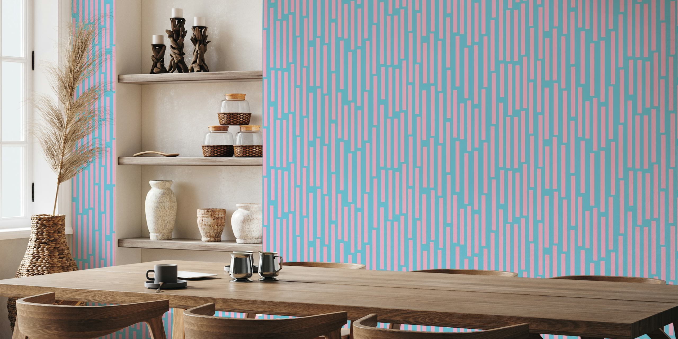 SHOWERS Vertical Geo Stripes - Pink on Blue wallpaper