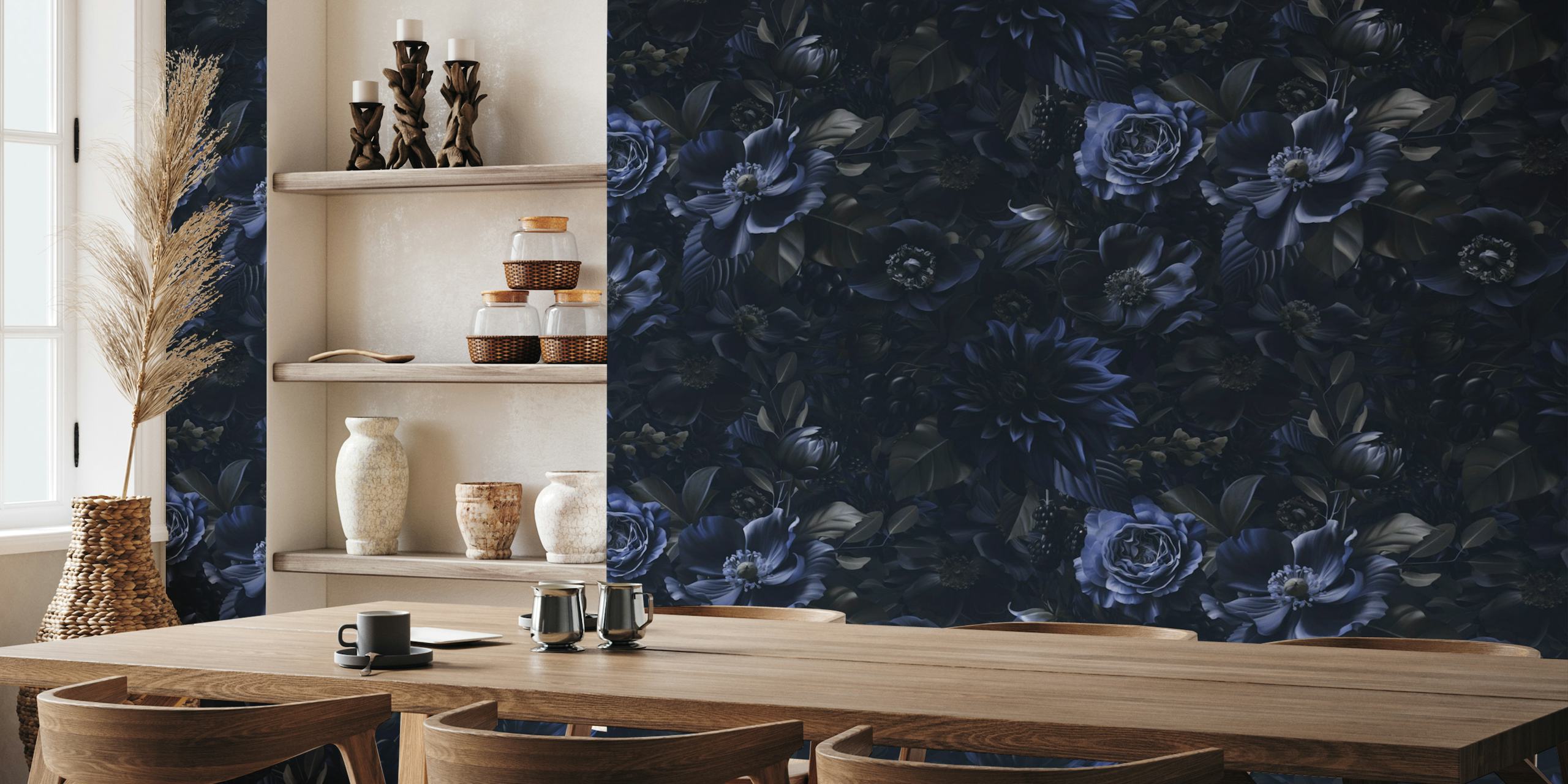 Opulent Baroque Maximalist Flowers Moody Blue papel de parede
