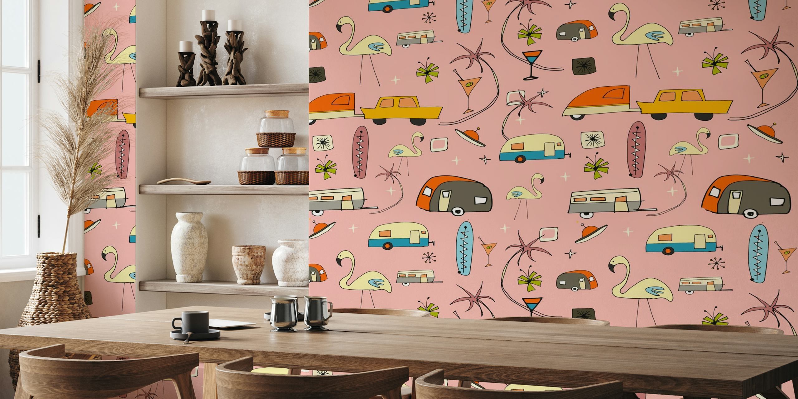 Vintage-vaikutteinen seinämaalaus vaaleanpunaisella taustalla, flamingoilla, perävaunuilla ja palmuilla