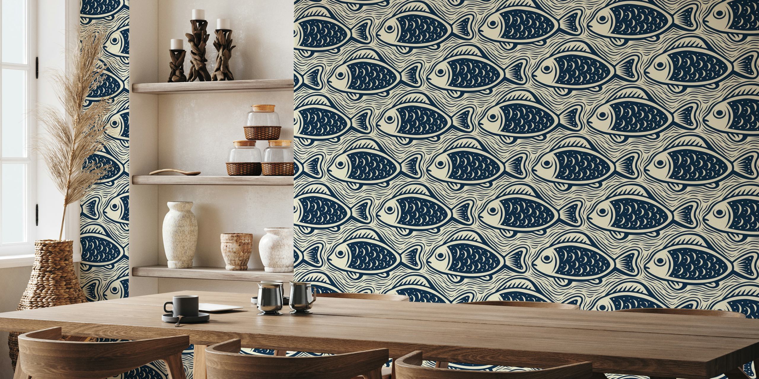Block print fishes pattern, navy / 3052 D papel de parede