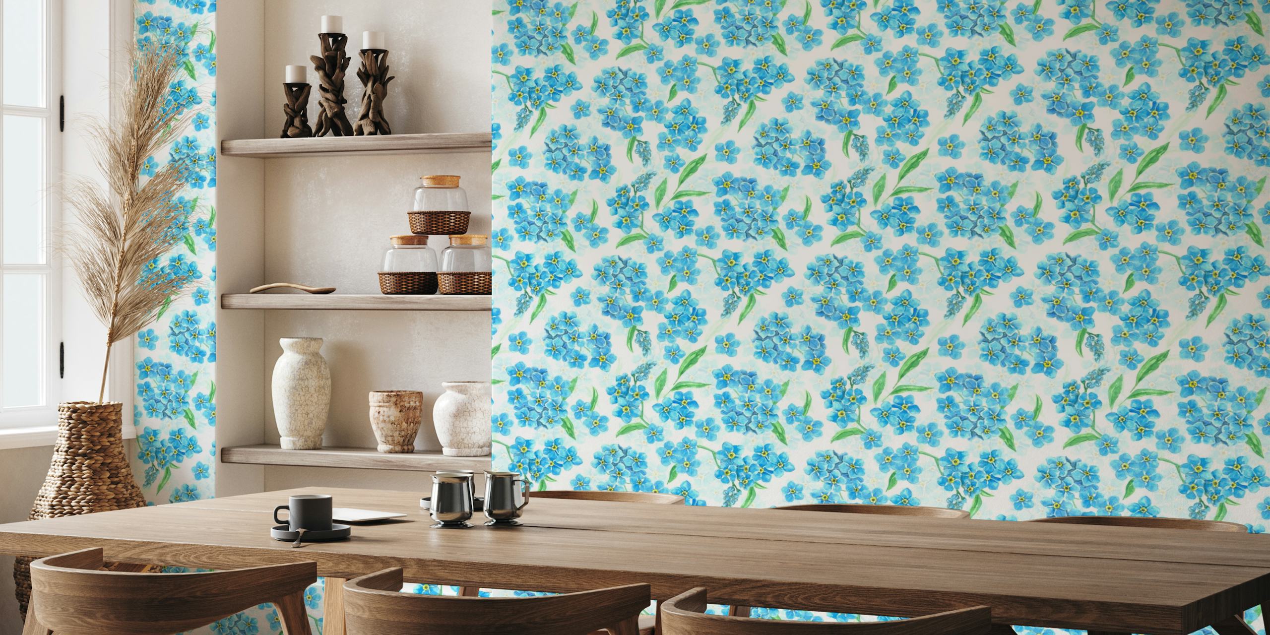 A wall mural with a pattern of blue forget-me-not flowers and green leaves on a white background.