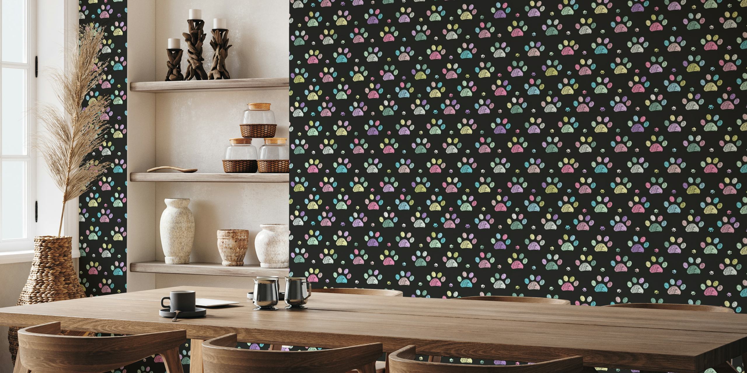 Colorful paw prints on a black background wall mural