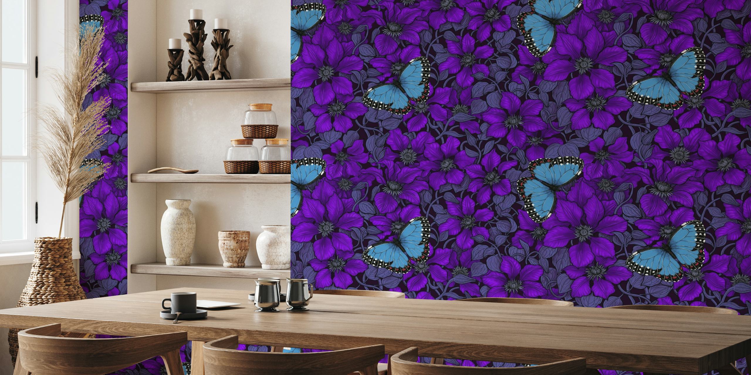 Purple clematis and blue morpho butterflies behang