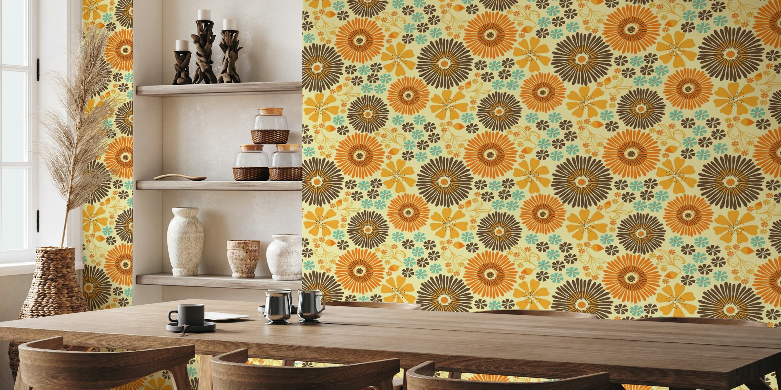Retro floral pattern wall mural with warm yellow, orange, and brown tones