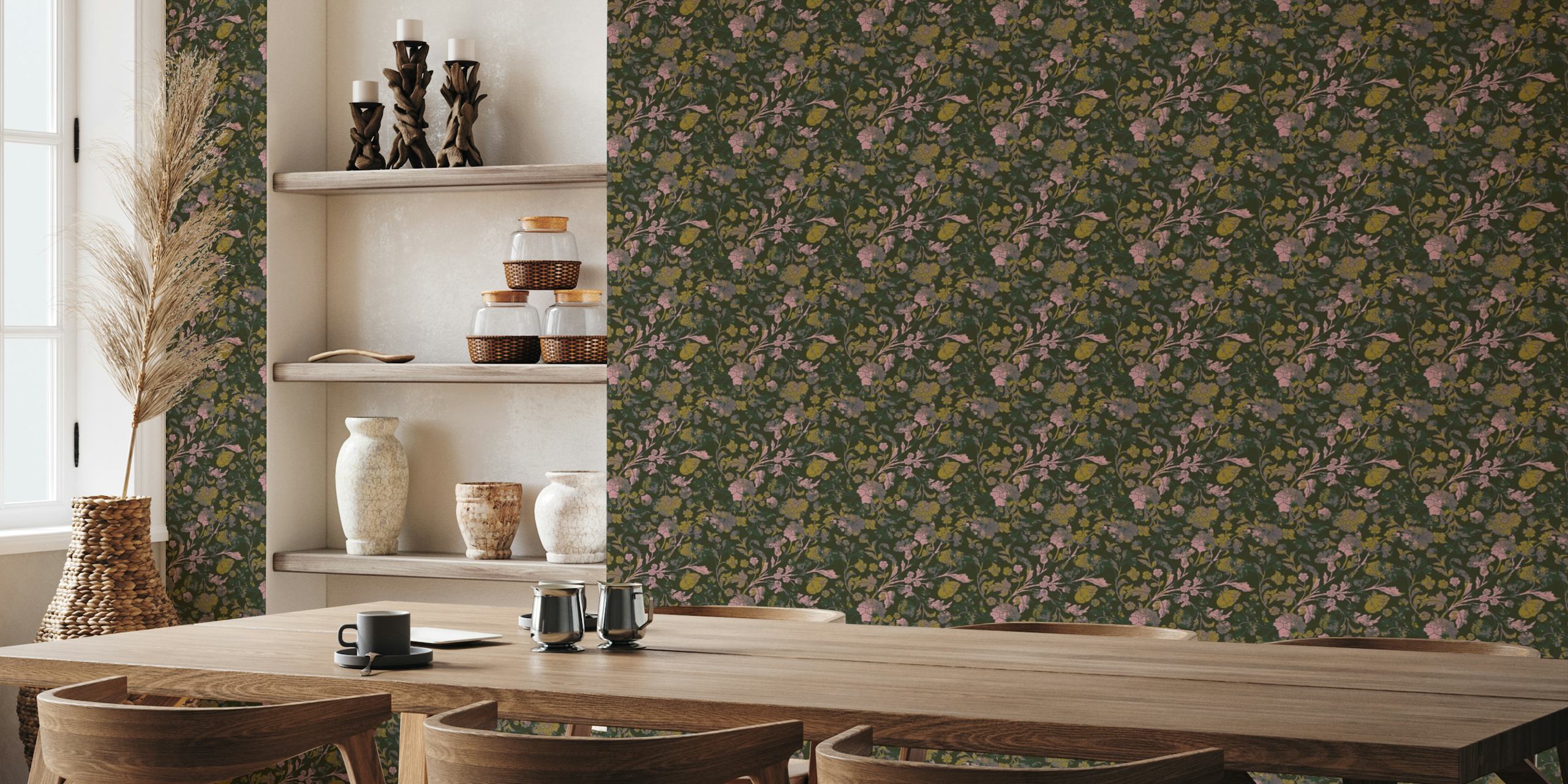 Dark floral wall mural with pink and yellow blooms on a textured background