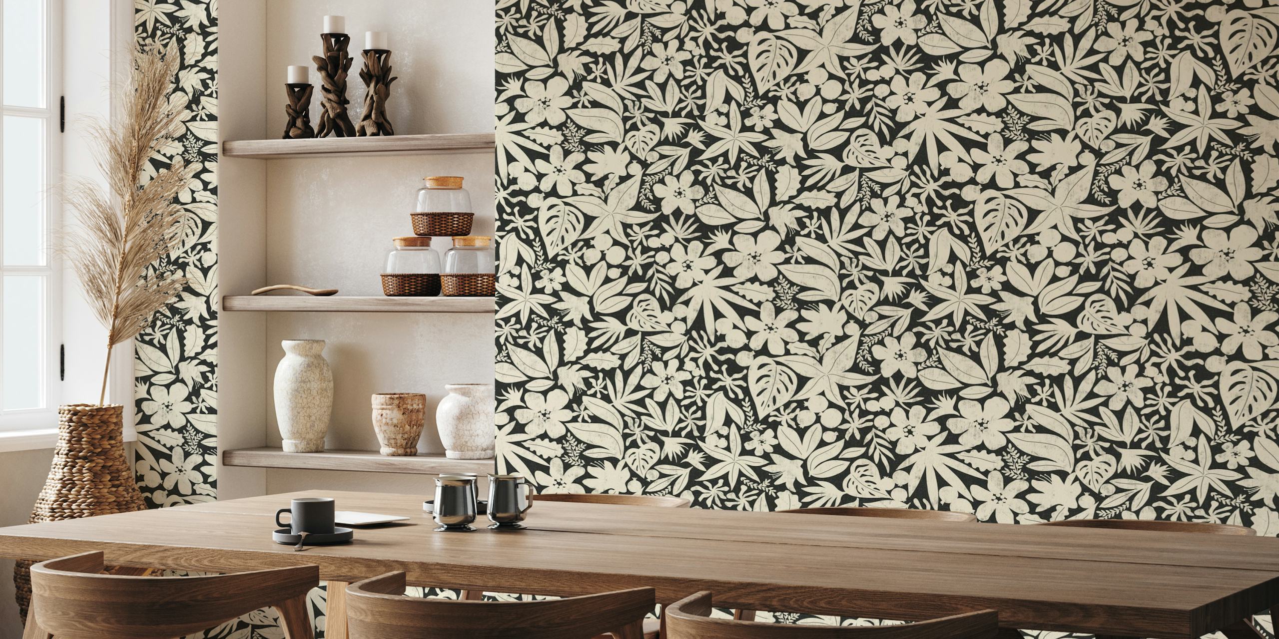 Cozy ivory and black floral pattern wall mural