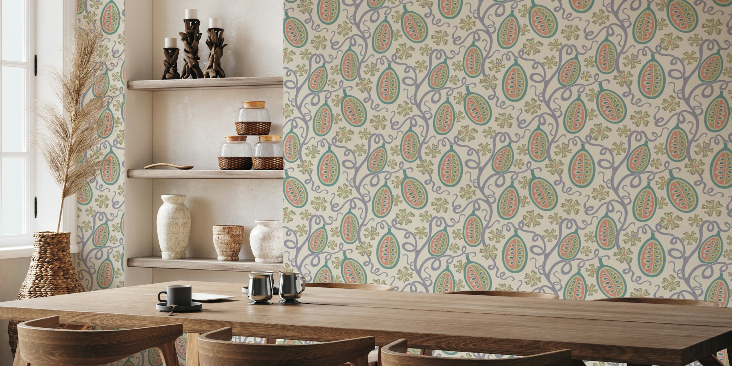 AMBROSIA Fantasy Mod Floral Fruit Pastels wall mural with a pastel-colored floral and fruit pattern on a neutral background.