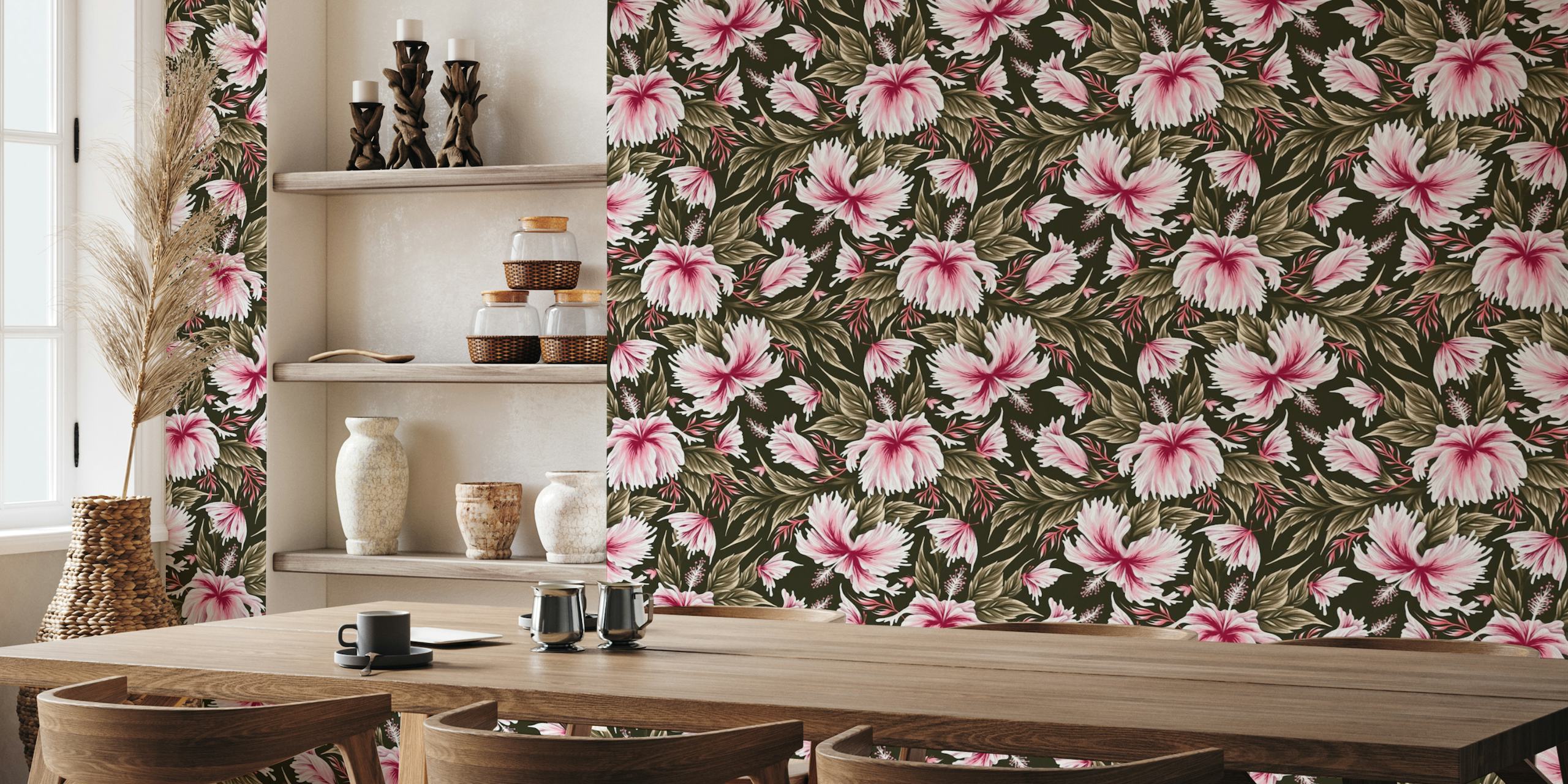 Hibiscus & Butterflies - Pink / Khaki papel de parede