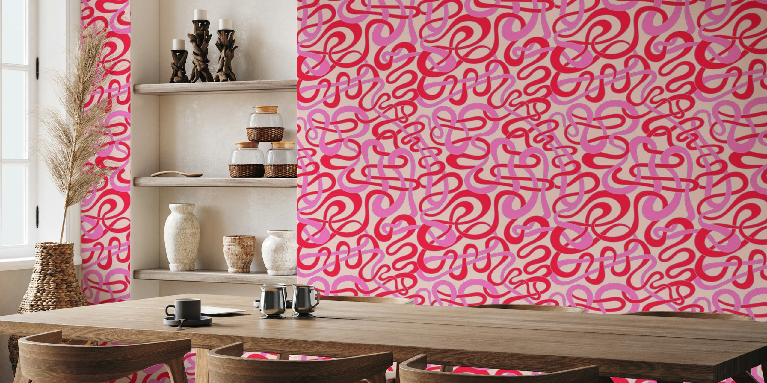 TANGLED STRIPES Abstract Hot Fuchsia Pink Red behang