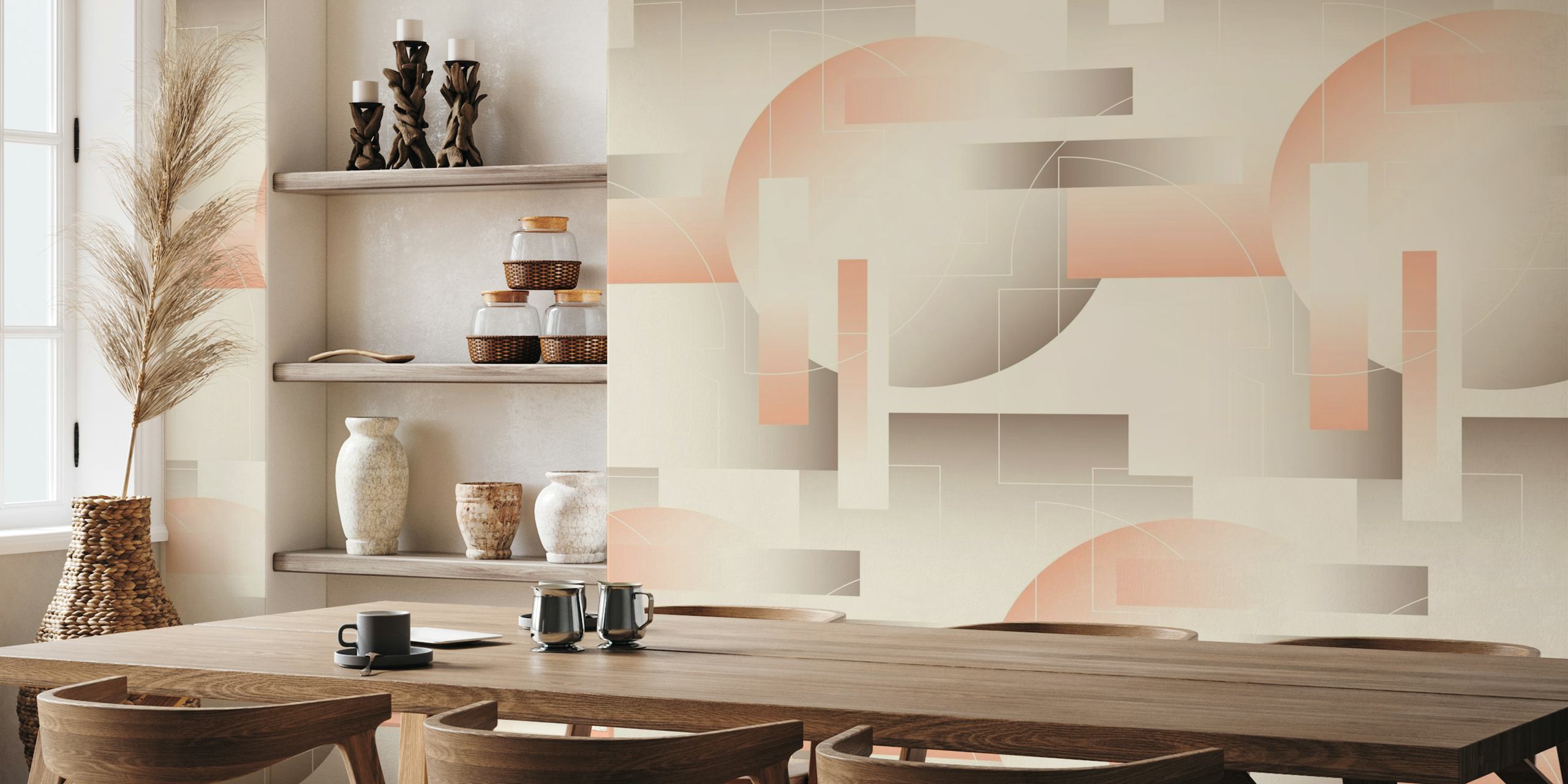 Geometric Gradient persikanruskea seinämaalaus pehmeillä sävyillä ja abstrakteilla muodoilla