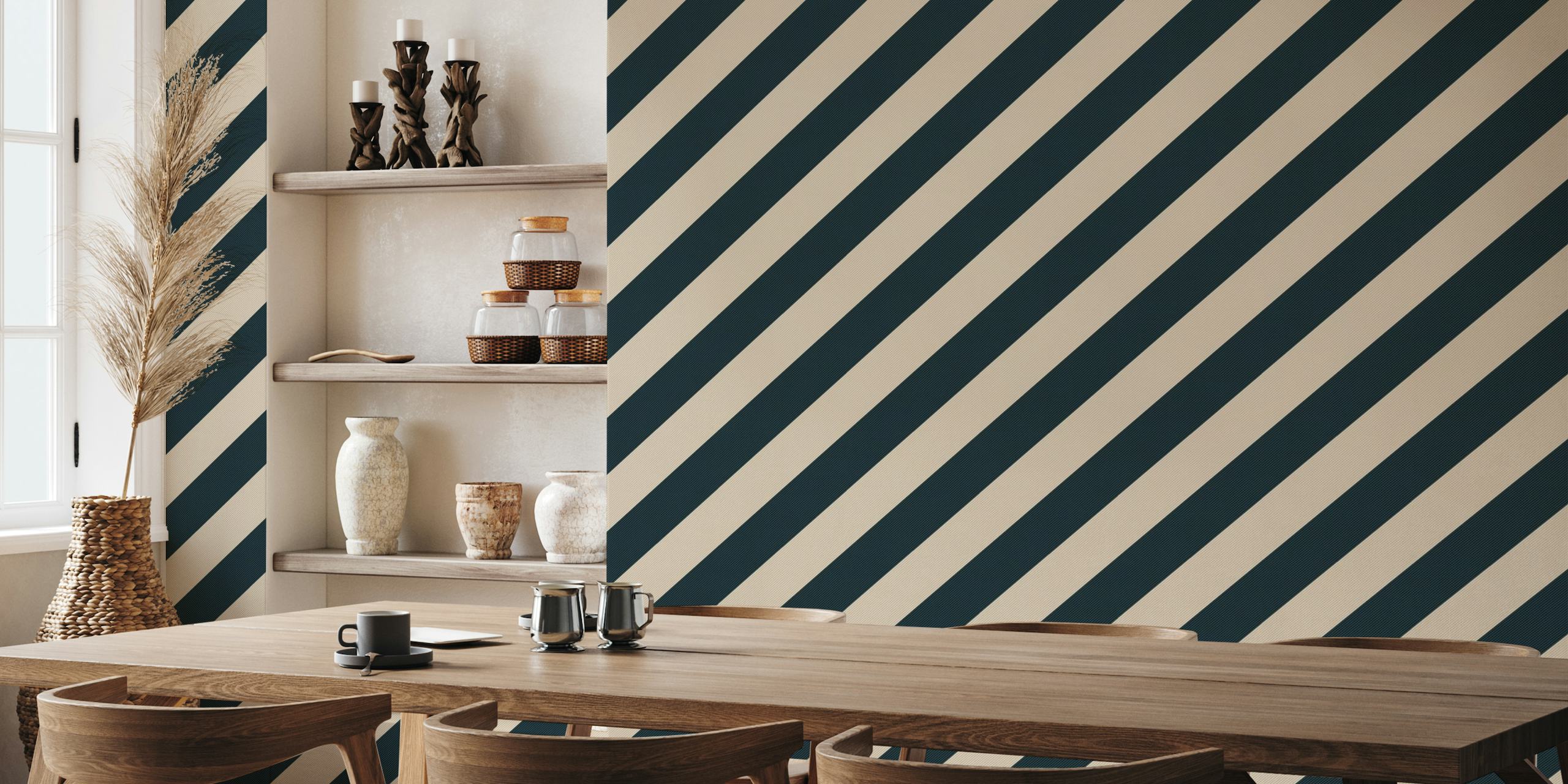 Textured diagonal stripe black off-white behang
