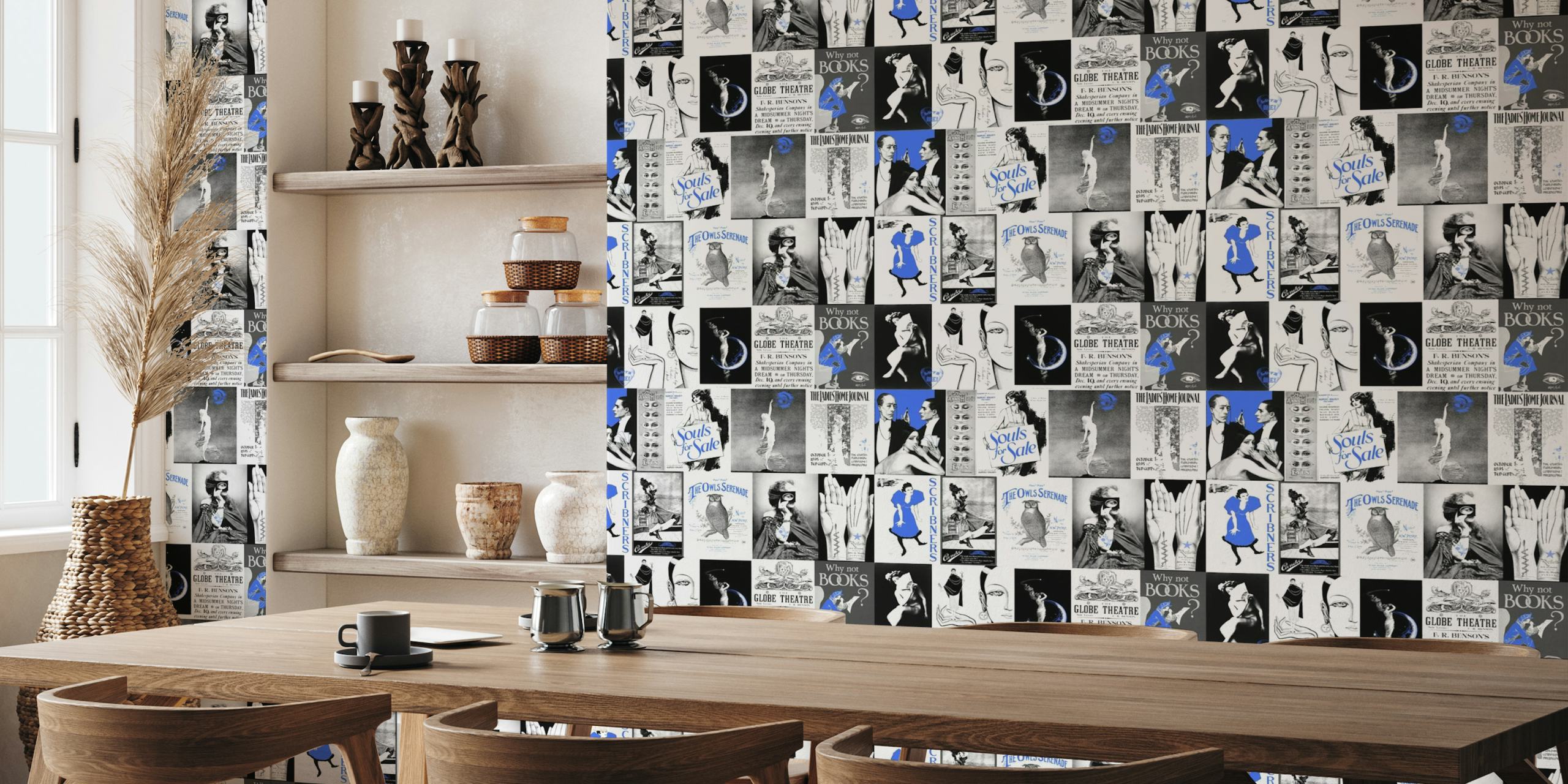 Vintage Art & Adds Mix Pattern Royal Blue papel de parede