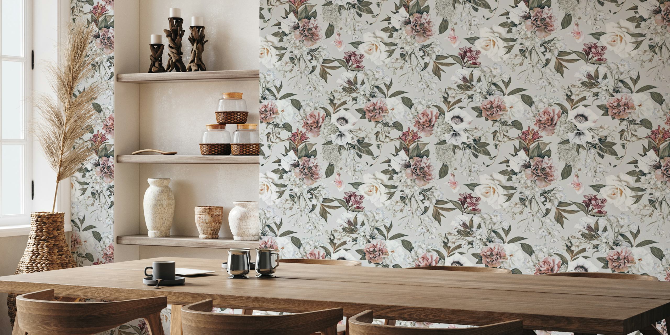 Vintage-inspired floral wall mural with roses and peonies in soft hues