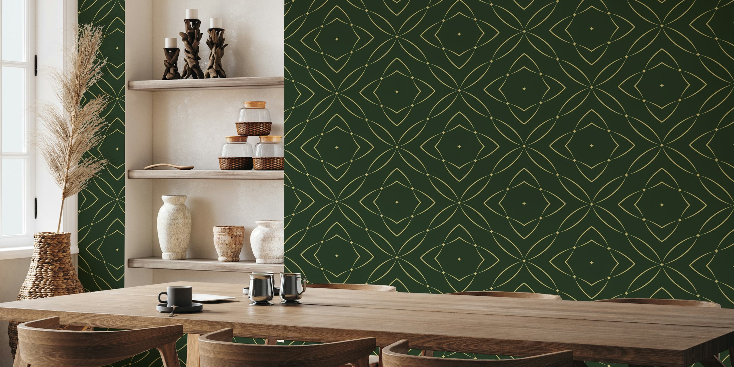 Elegant vægmaleri med geometrisk mønster i rige smaragdfarver