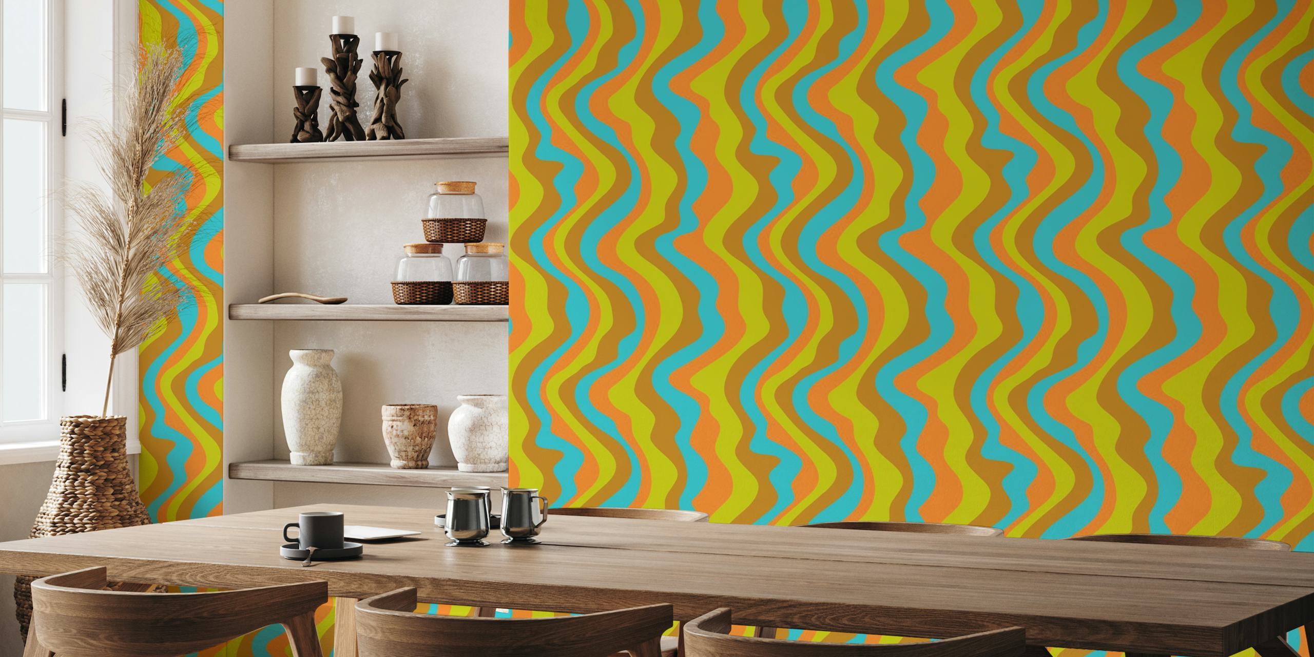 GOOD VIBRATIONS Mod Wavy Stripes Wall Mural in Orange and Lime