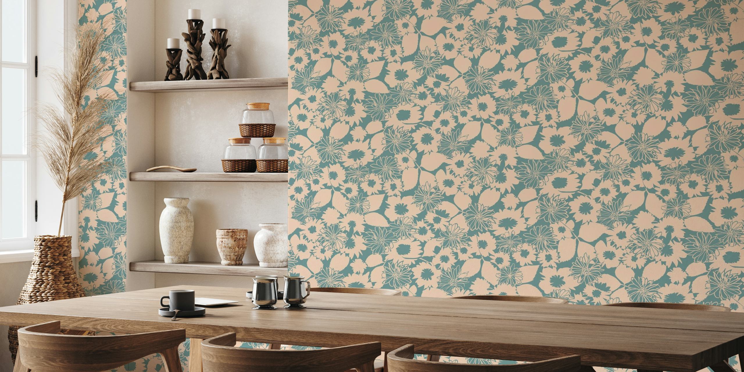 Flower Power Abstract Floral in mineral blue wallpaper