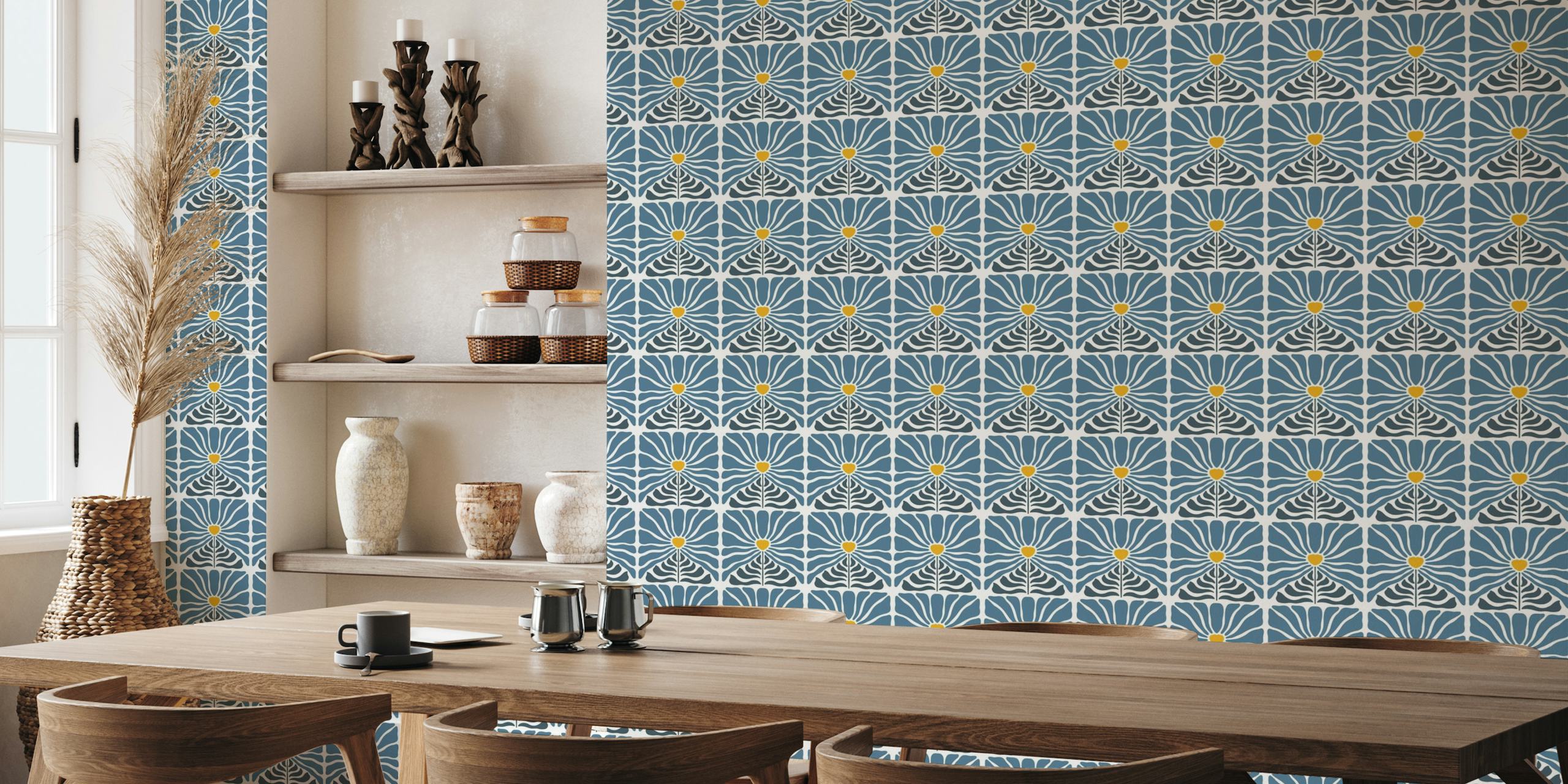 Vintage-inspiriertes Wandbild mit blauen Blumen mit gelben Mittelpunkten auf einem Hintergrund mit Retro-Muster
