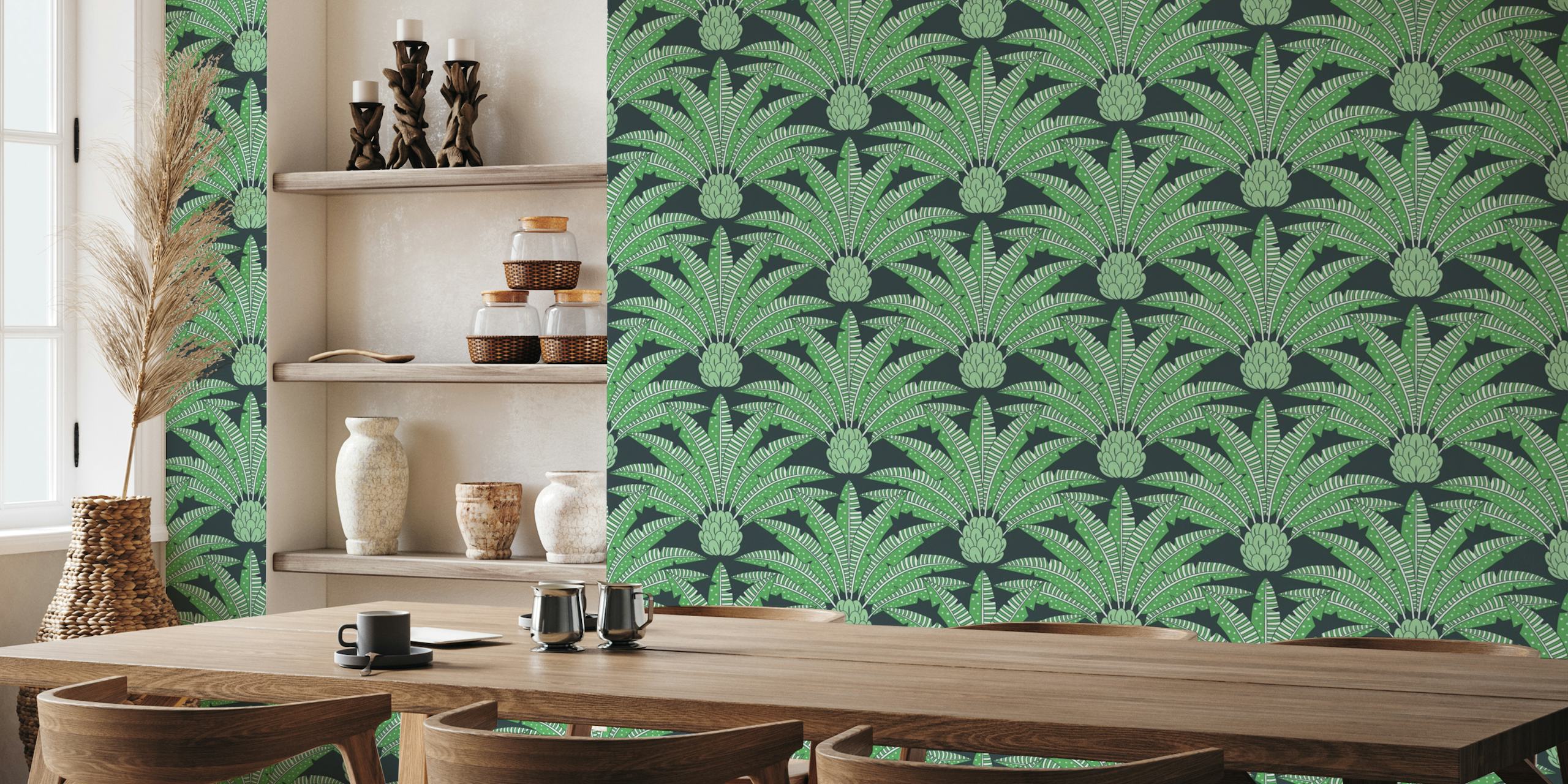 Festive palm fans - green and black papel pintado