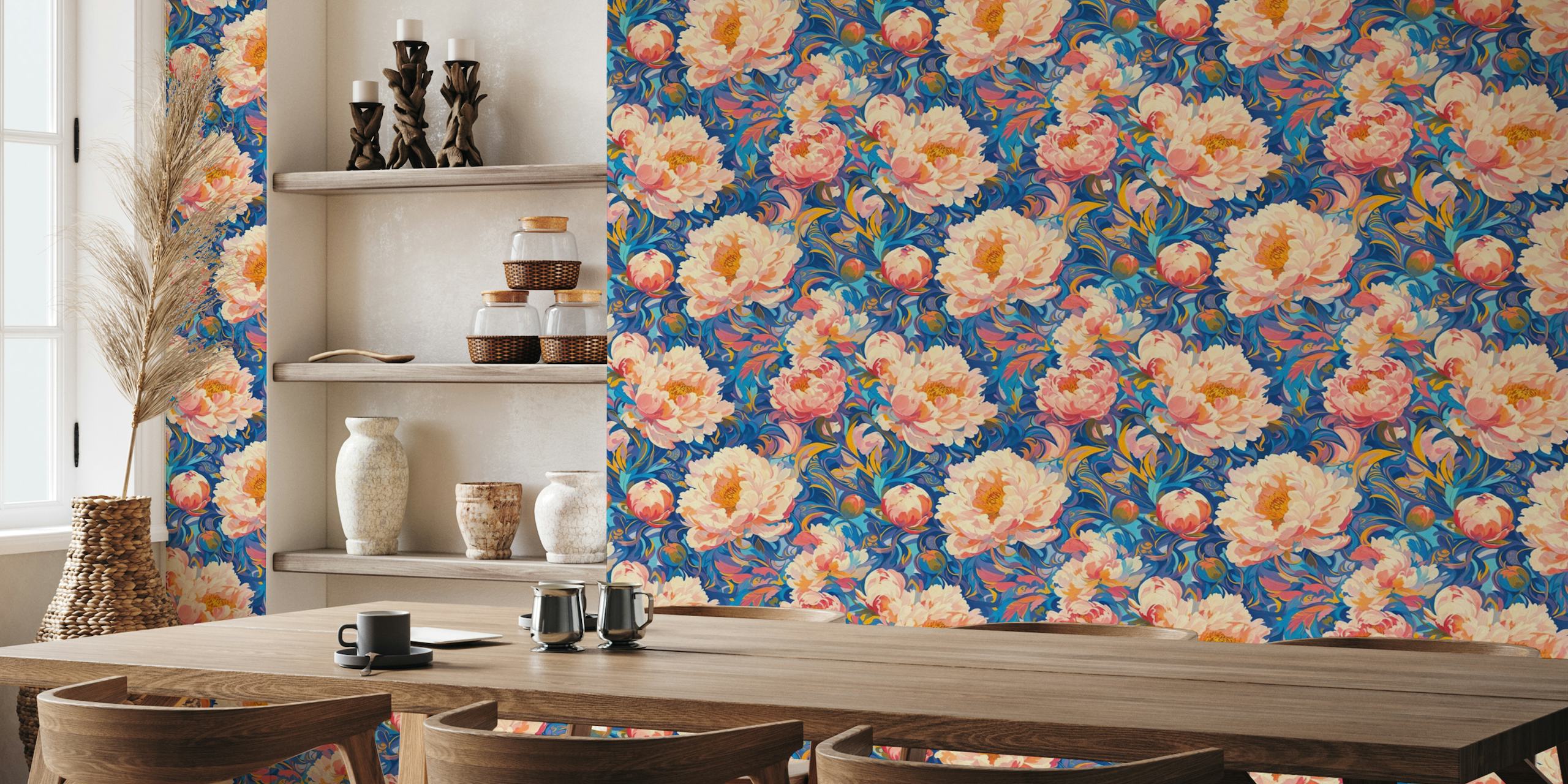 Colorful seamless botanical wall mural with peonies and foliage