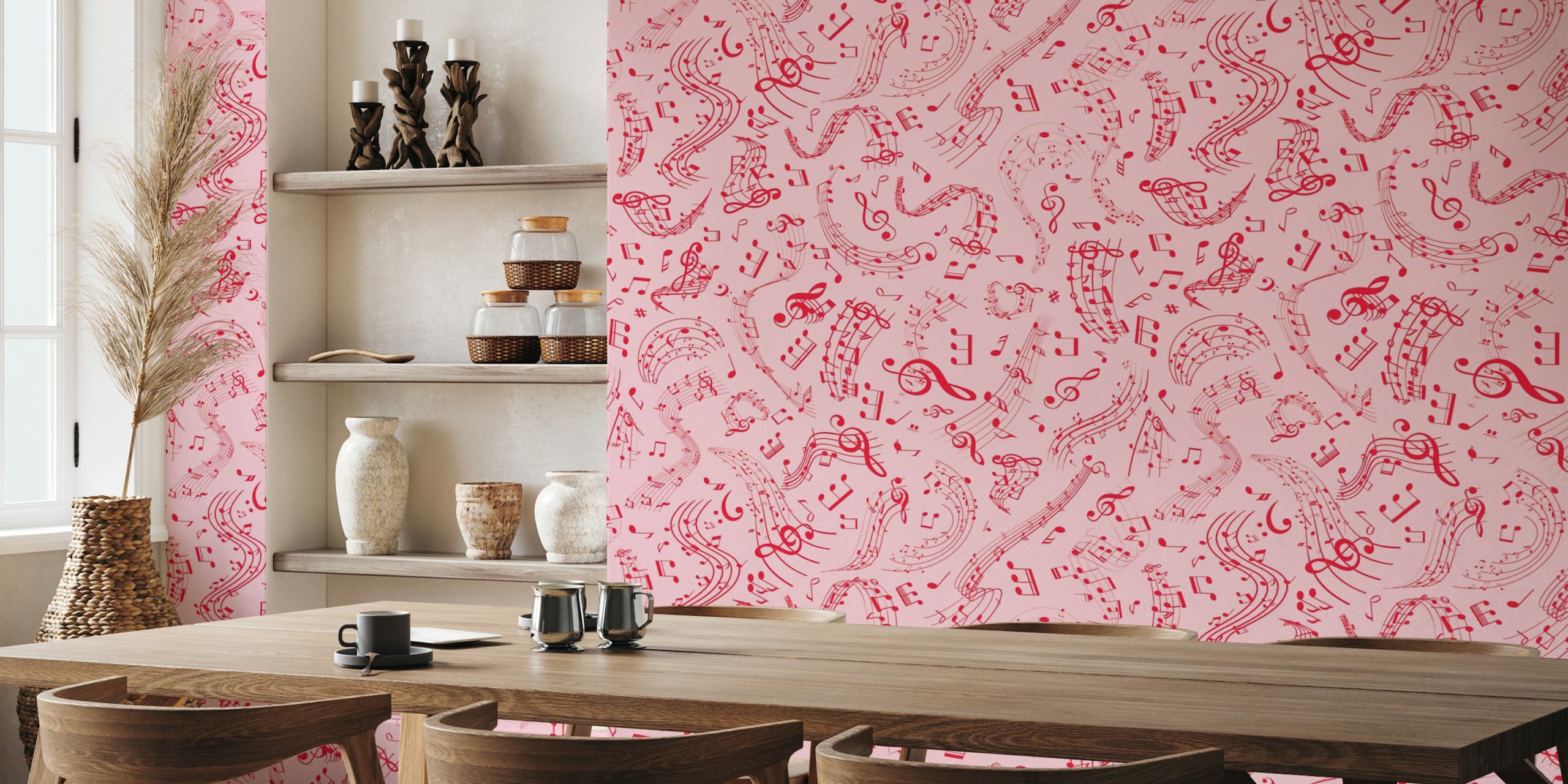 Music Notes 10 Crimson Red on Bubble Gum Pink wallpaper