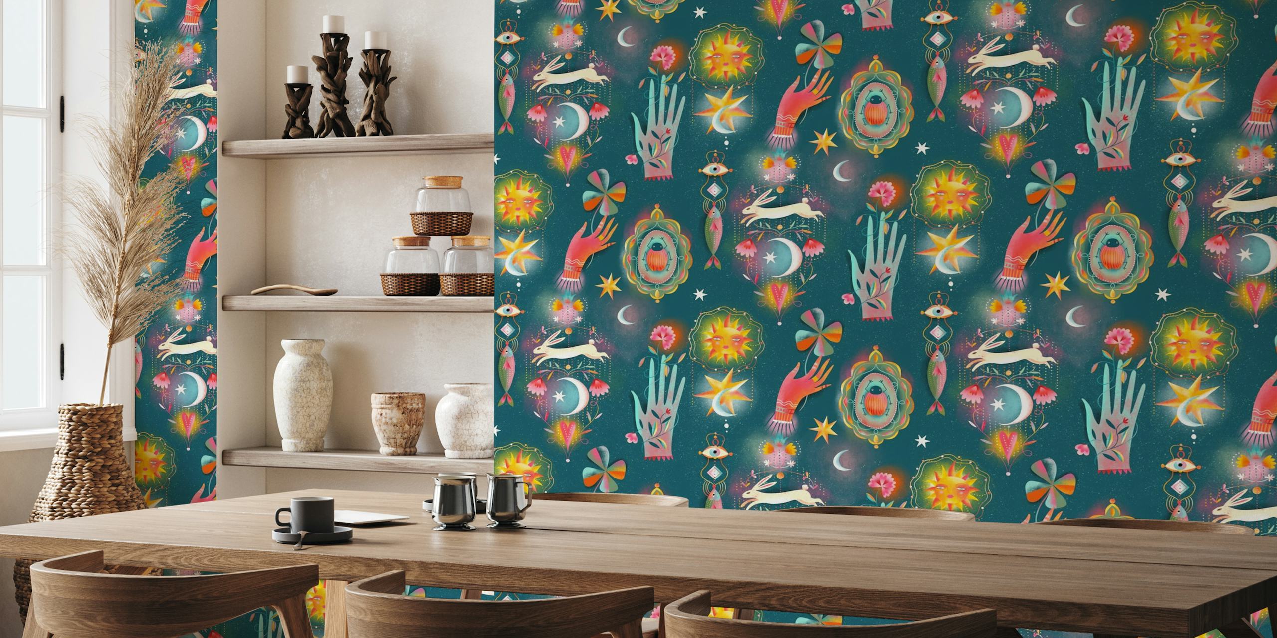 Enigmatic esoteric symbols on 'Magical Talisman' wall mural with celestial and botanical motifs.