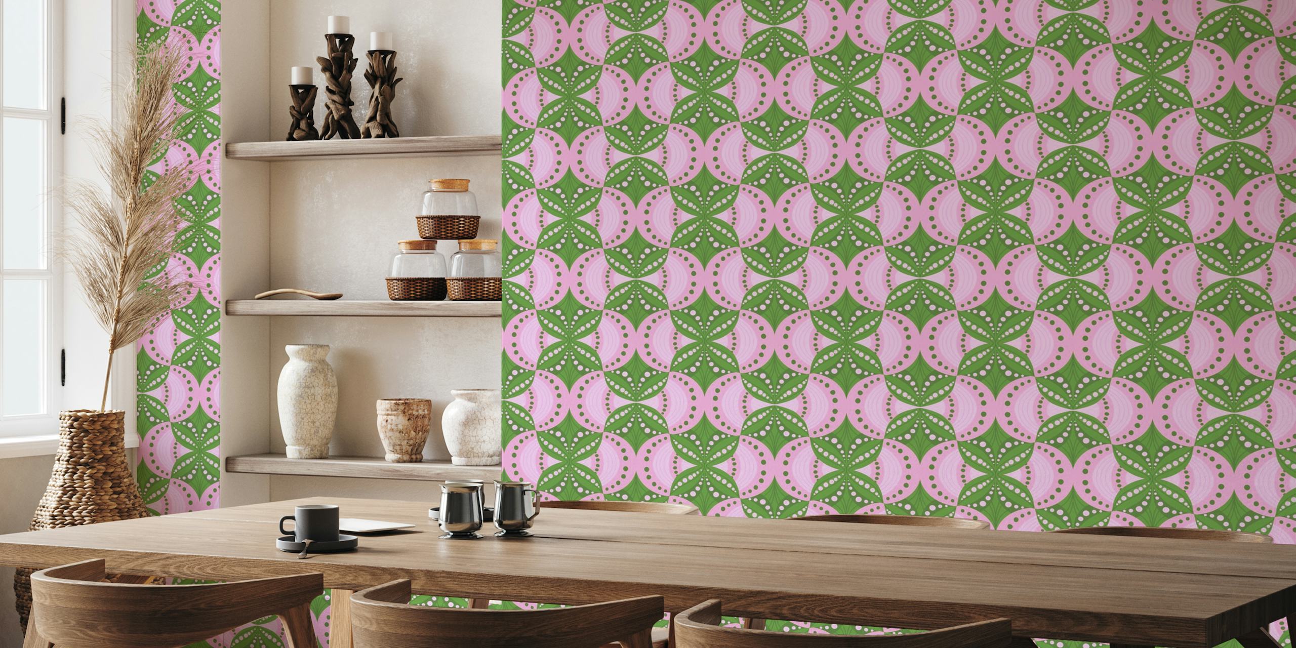 Green and pink geometric scallops wallpaper