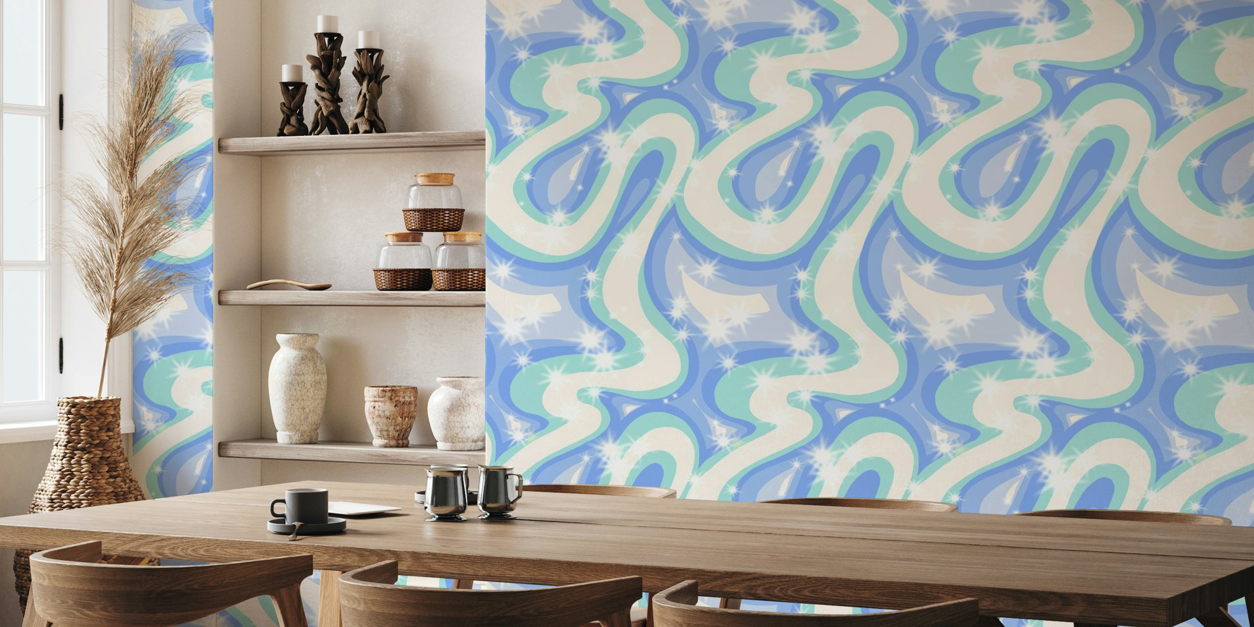 Groovy retro swirls blue wallpaper