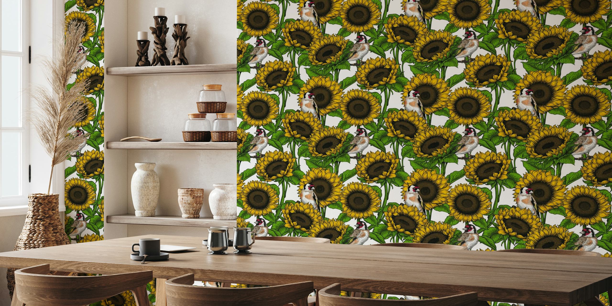 Sunflowers and goldfinches, yelow and green wallpaper