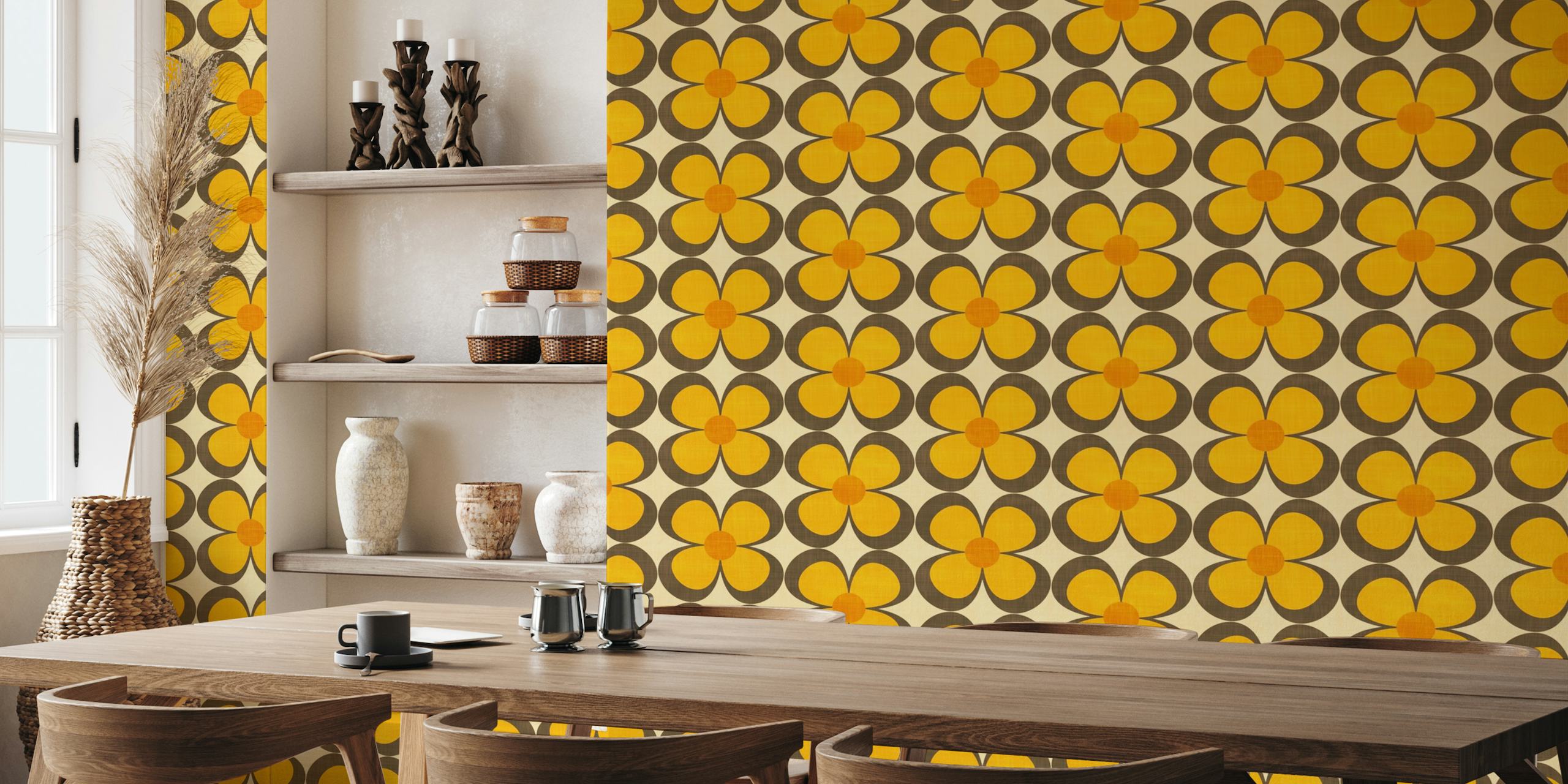 Groovy Geo Floral Yellow Brown Beige Small wallpaper