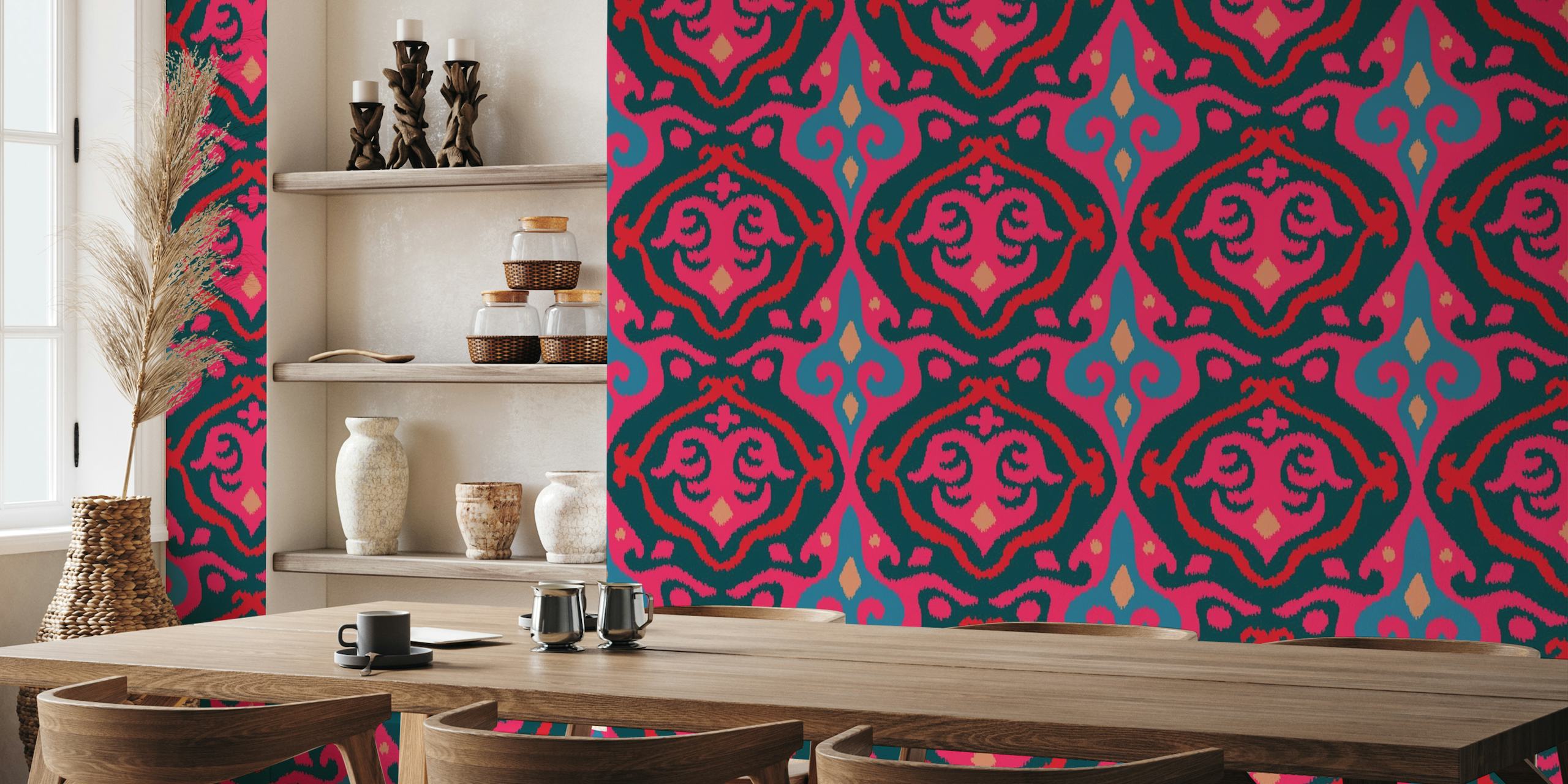 JAVA Boho Ikat Woven Texture wall mural featuring large-scale pink and blue pattern
