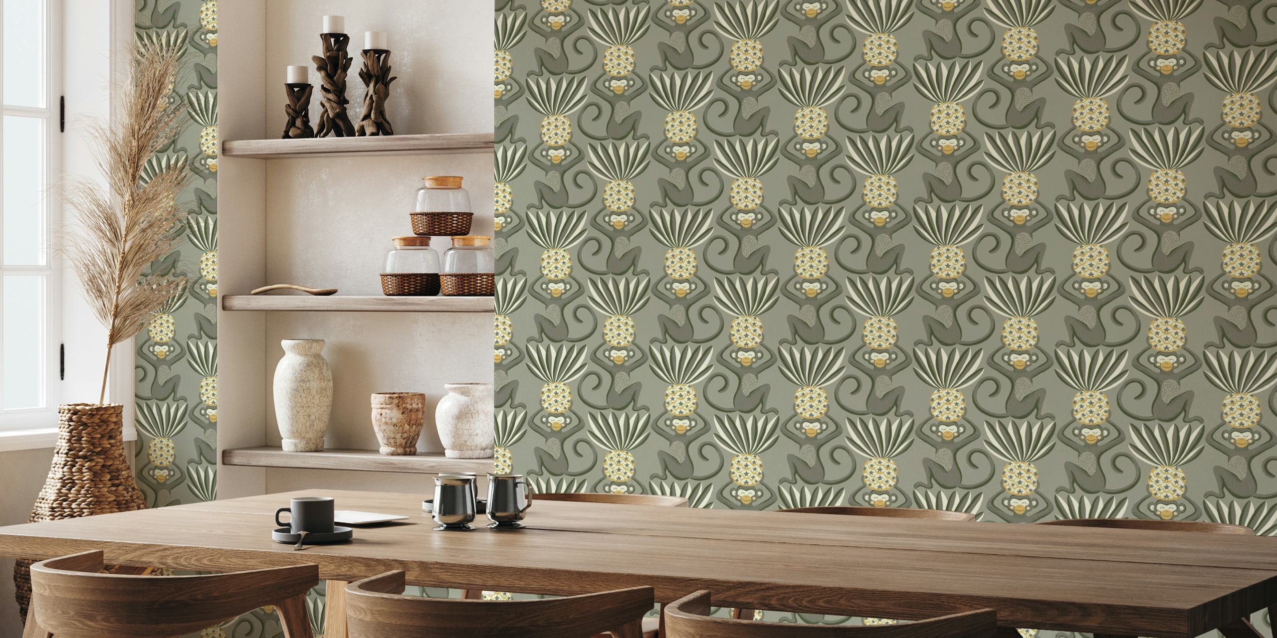 Whimsical wall mural with playful monkeys and stylized pineapples in brown and yellow tones