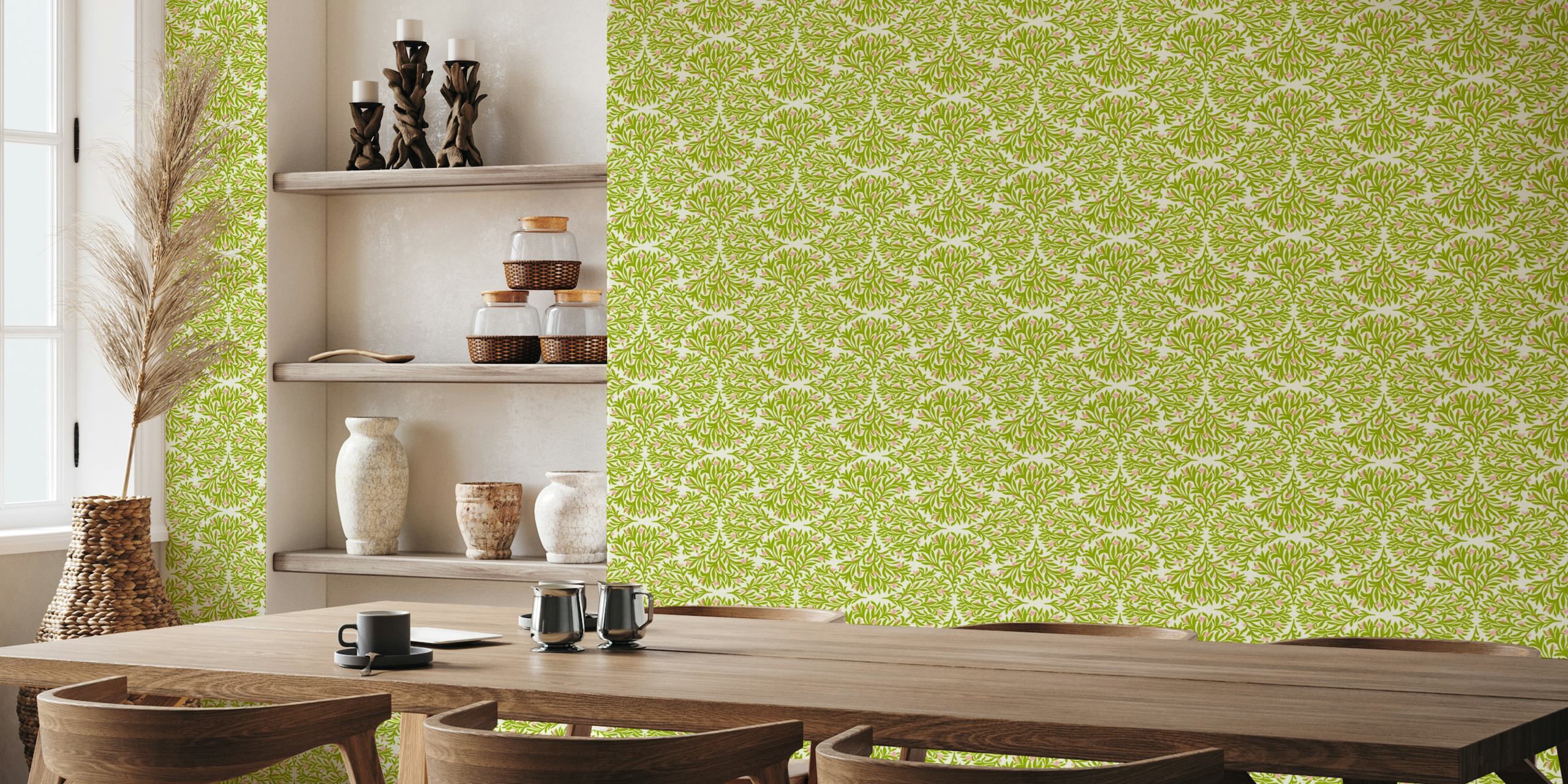 Art deco green and pink foliage wallpaper