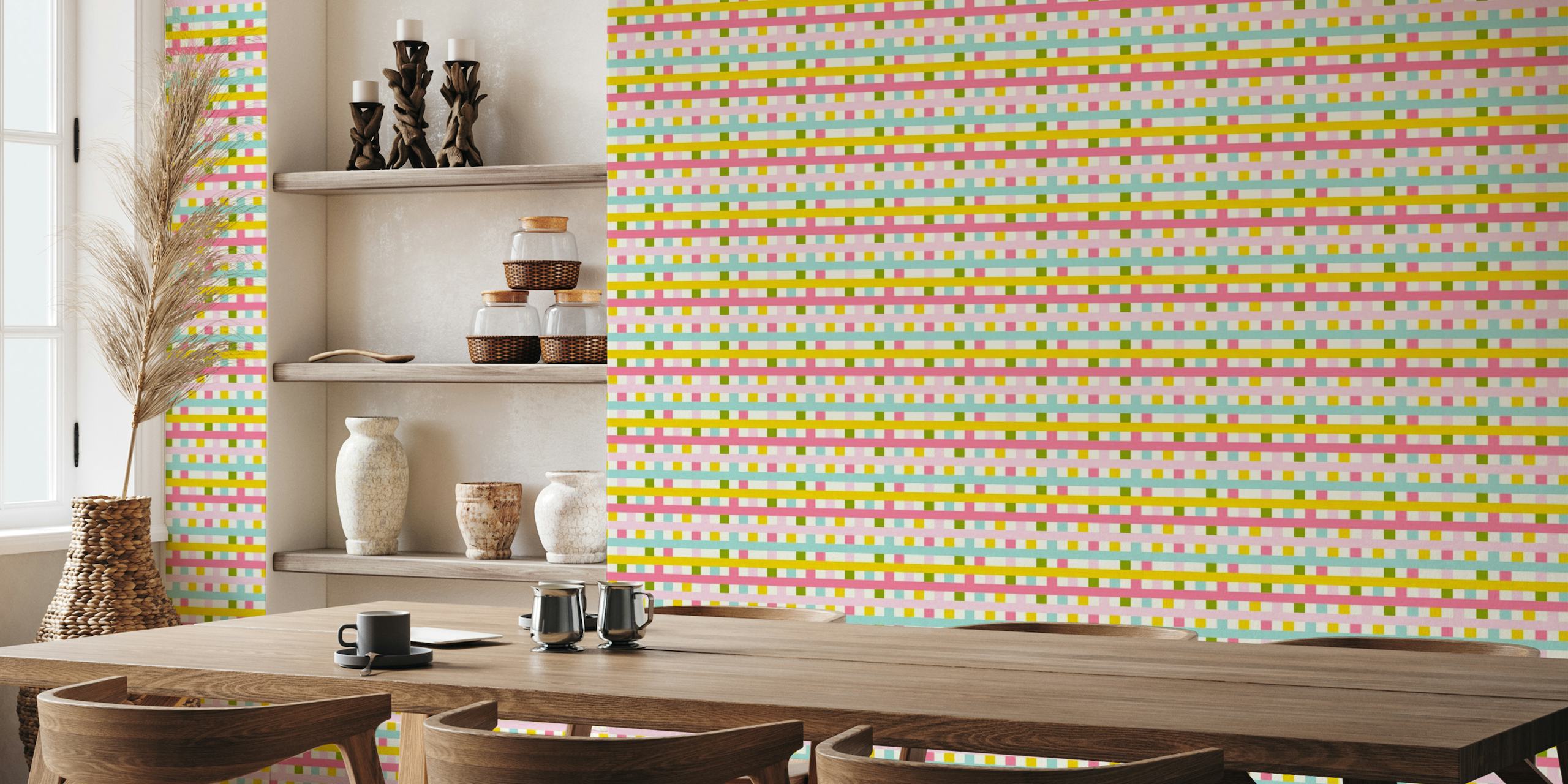 Fotomural vinílico de parede colorido com padrão xadrez e quadrados rosa pastel, azuis, amarelos e verdes