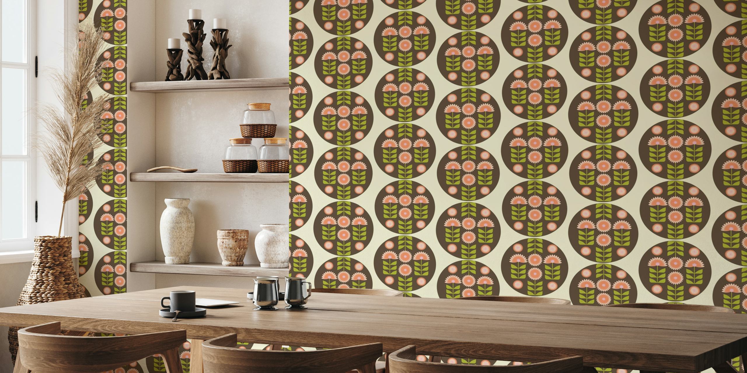 Retro 70s Funky florals in circles behang